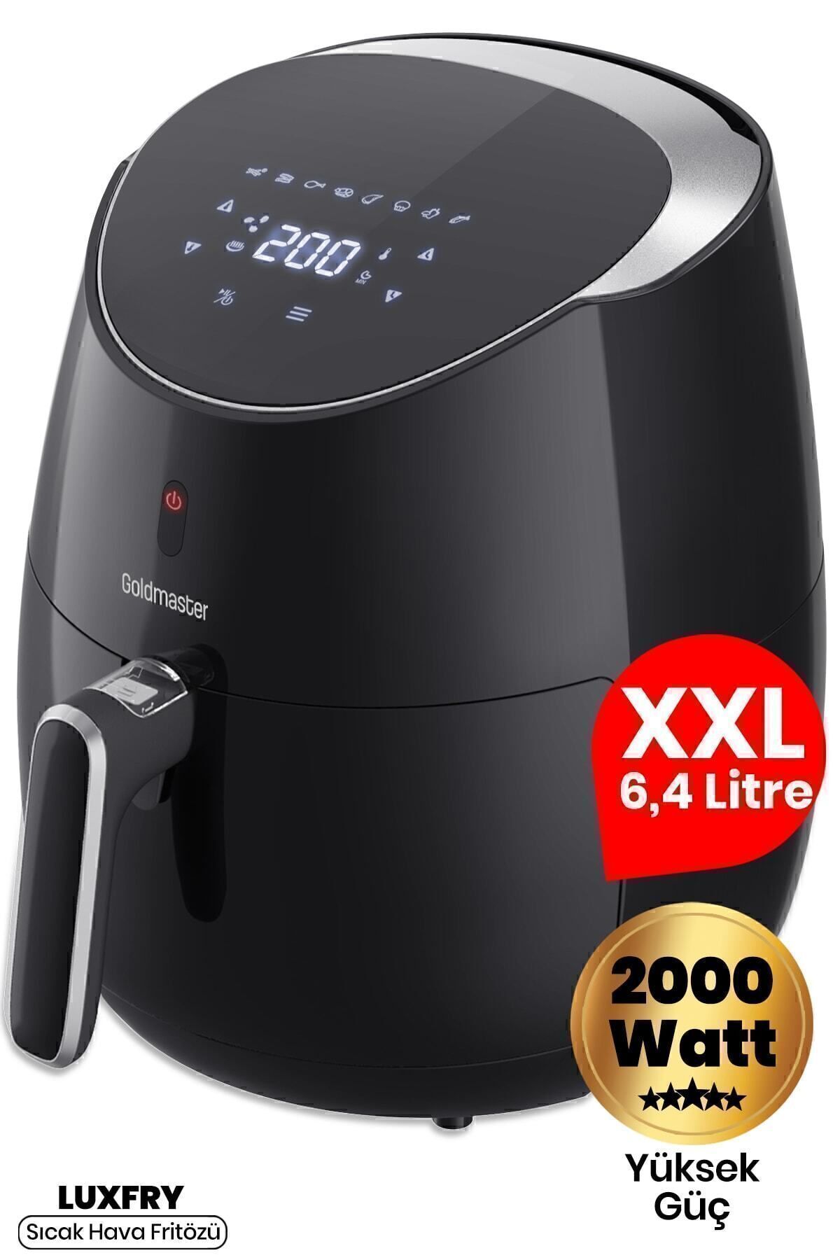 GOLDMASTER Luxfry 2000 Watt Yüksek Güç 6,4 Litre Geniş XXL Dokunmatik Airfryer Yağsız Sıcak Hava Fritözü