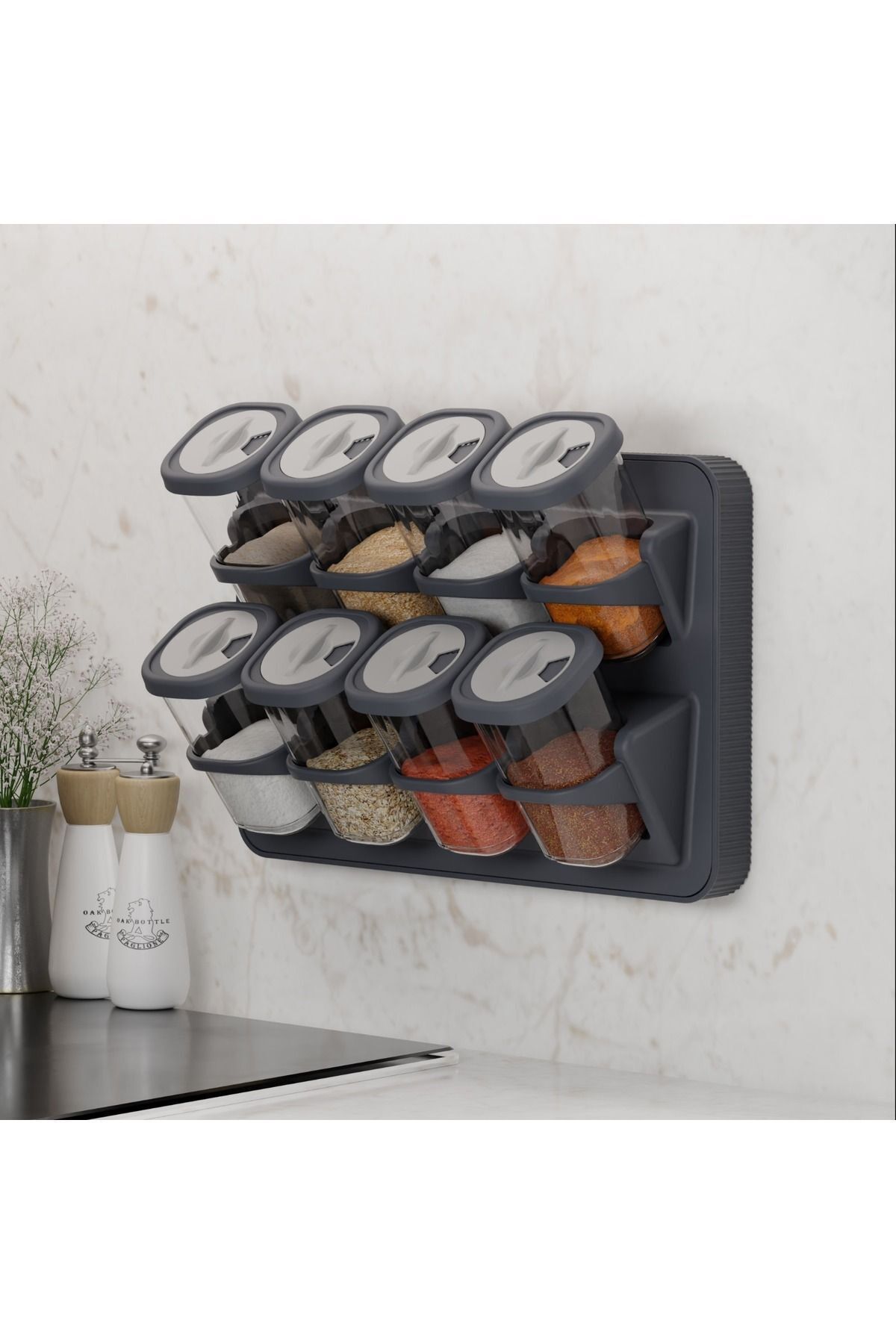 FERAH PLASTİK-8-Piece Spice Rack Set - Rotating Lid, Stand, Wall Mounted, Rotating Lid 2