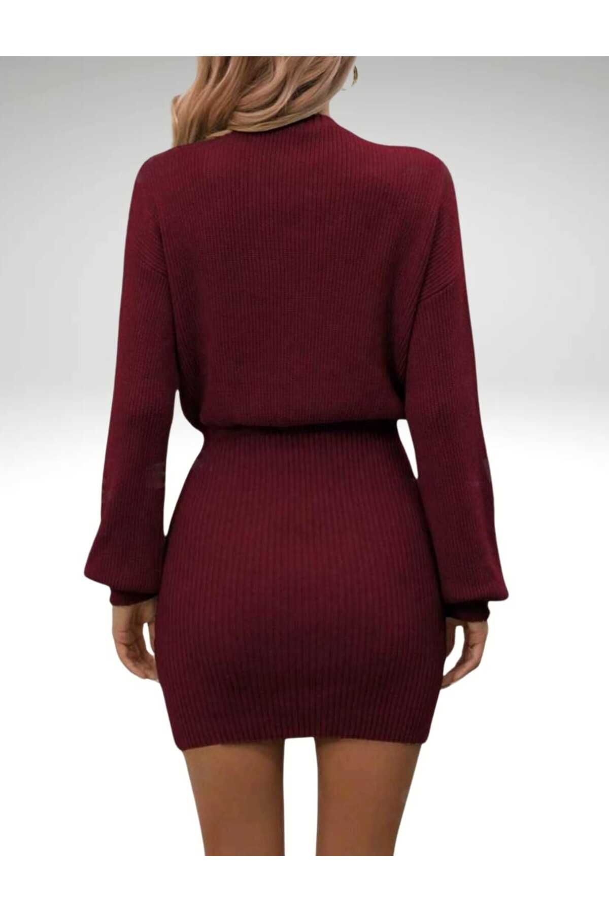 SolQ Mini úpletové šaty s dlouhým rukávem a výstřihem do V, pohodlný střih, elastický pas