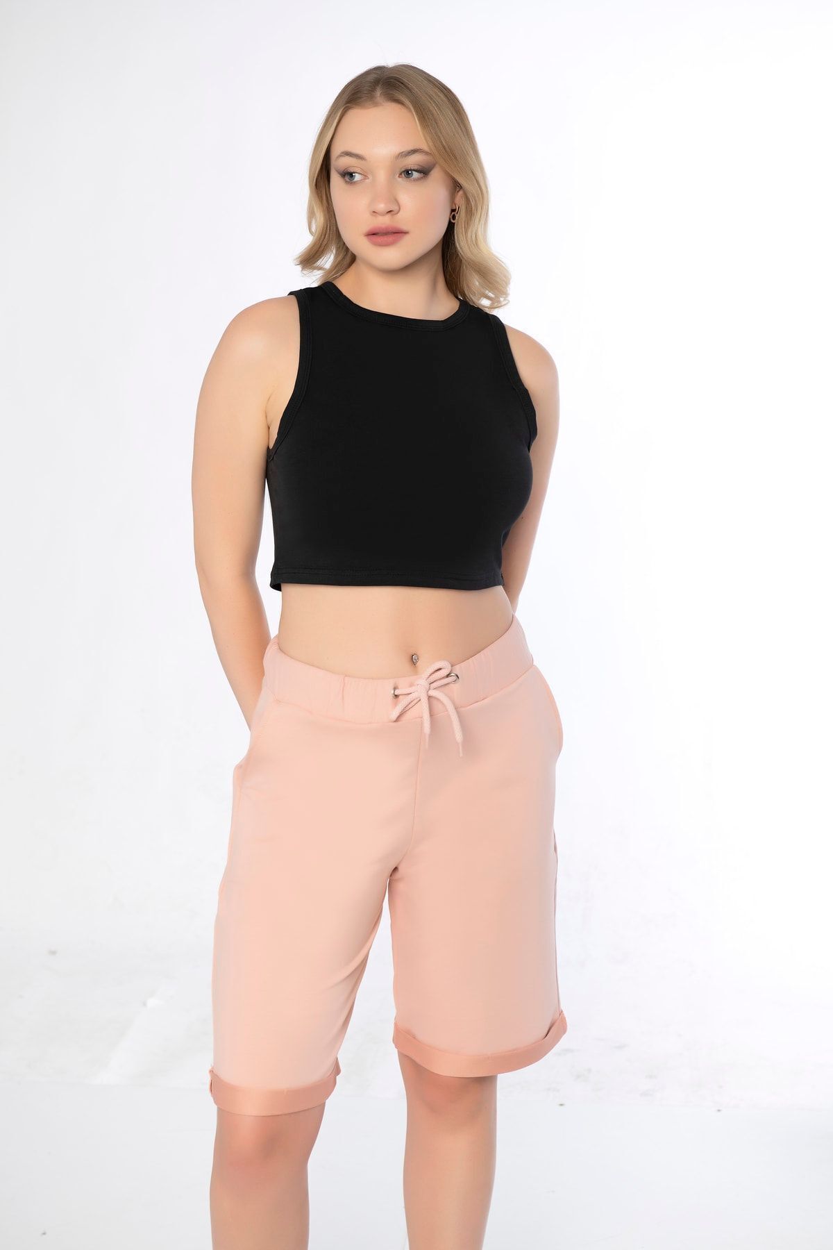 MyBen-Pantaloni scurti roz pentru femei cu tiv cu întoarcere normală, cu șireturi în talie Ky011 1