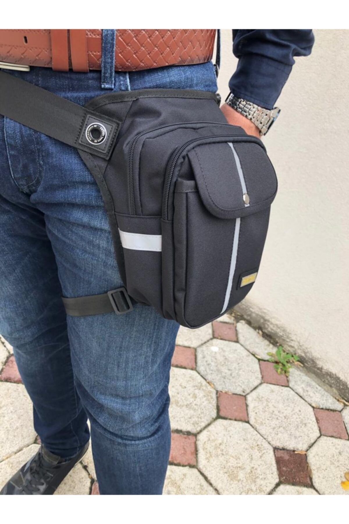 Unisex Siyah Renk Reflektör Desenli Çok Gözlü Motorcu , Bacak Ve Çapraz Çanta