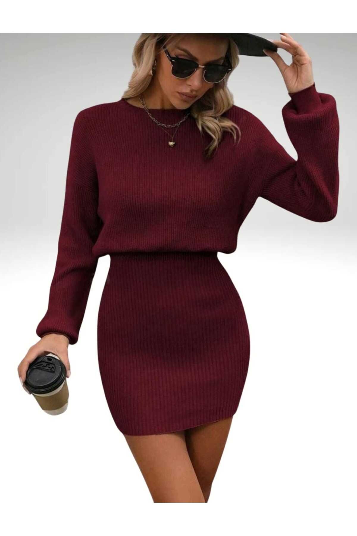 SolQ Mini úpletové šaty s dlouhým rukávem a výstřihem do V, pohodlný střih, elastický pas