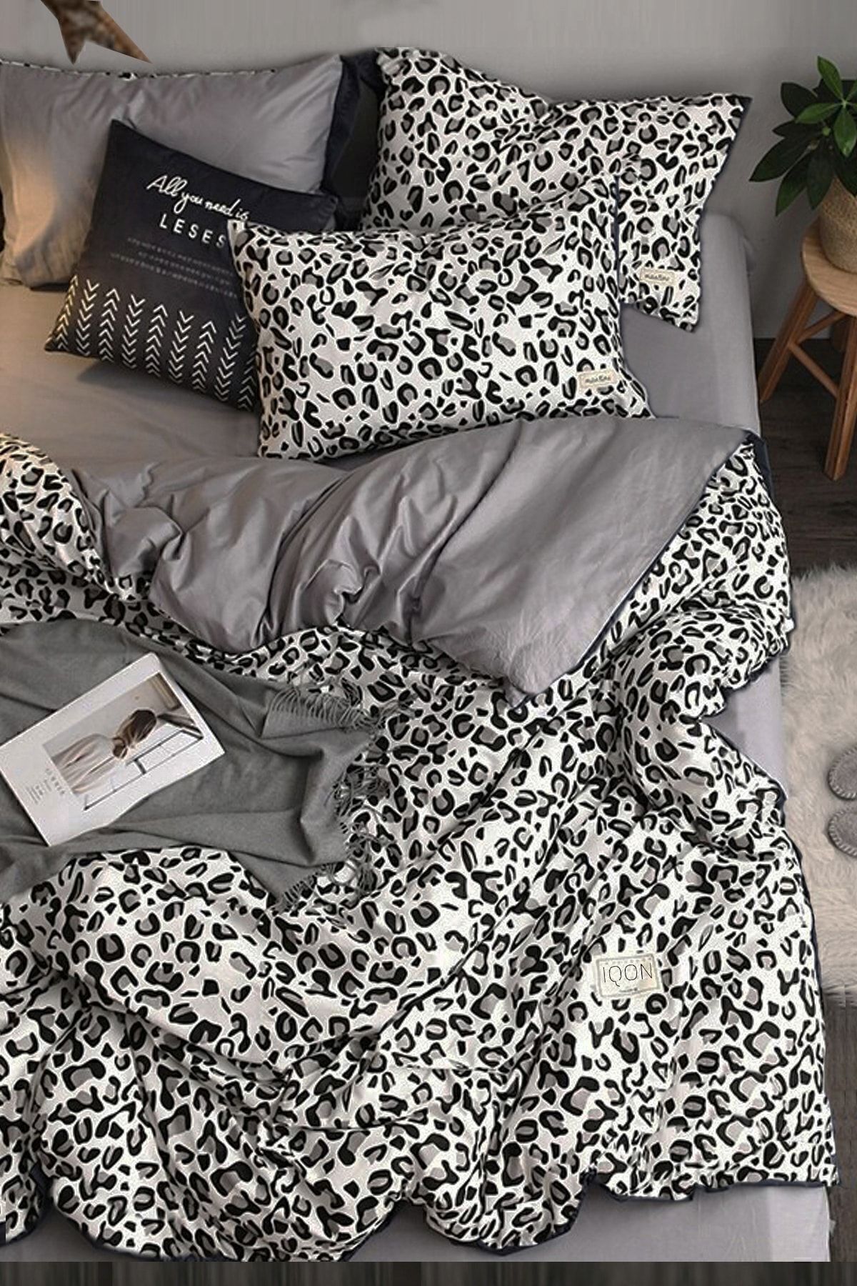 İQON-Spannbettlaken-Bettbezug-Set, Einzelbett, Leopardenmuster, rein, Schwarz/Weiß 1