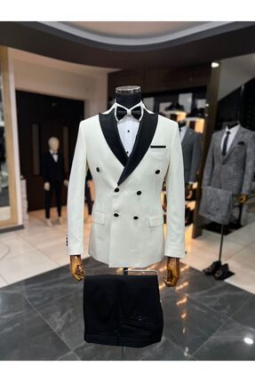 Terziayhan Beyaz Slimfit Kırlangıç Yaka Kruvaze Damatlık Takım Elbise