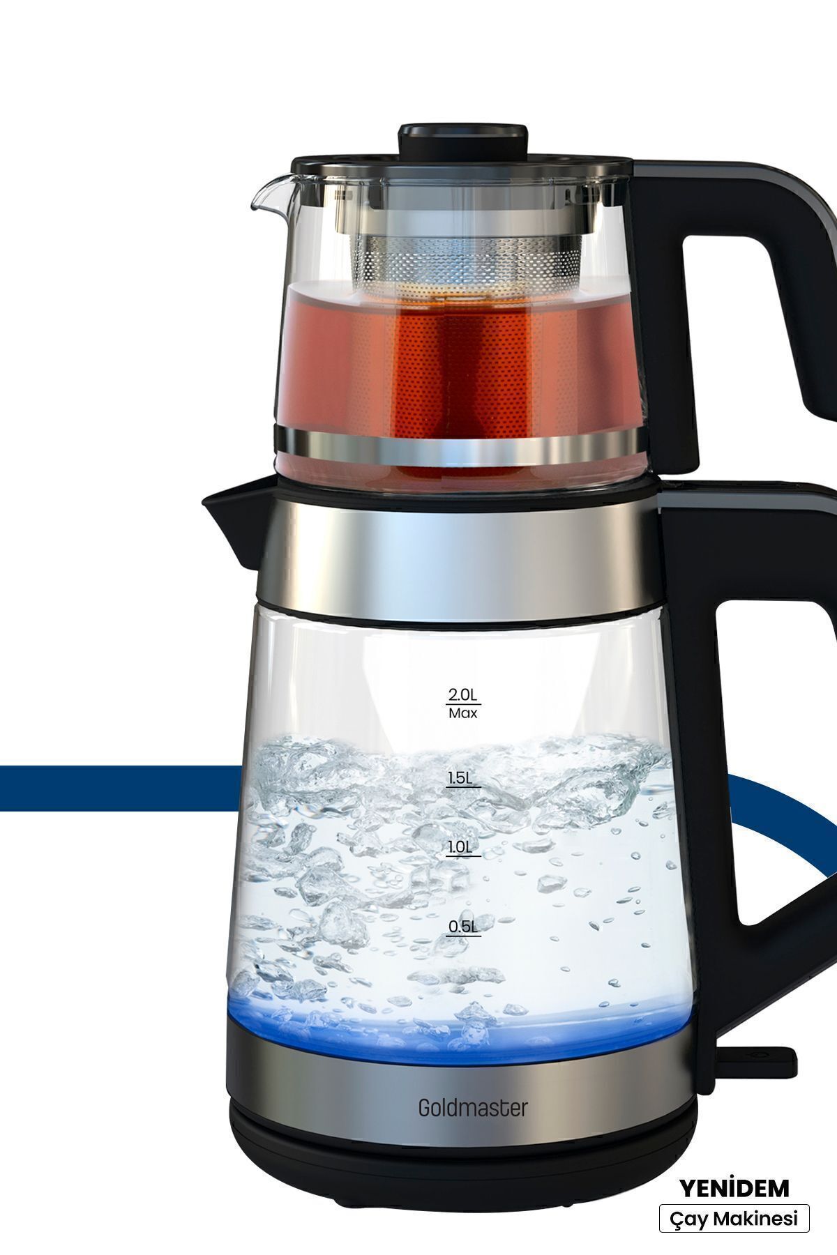 GOLDMASTER Yenidem Inox Geniş Hazneli Demlikli Alman Schott Cam Çay Makinesi Ve Led Işıklı Su Isıtıcısı