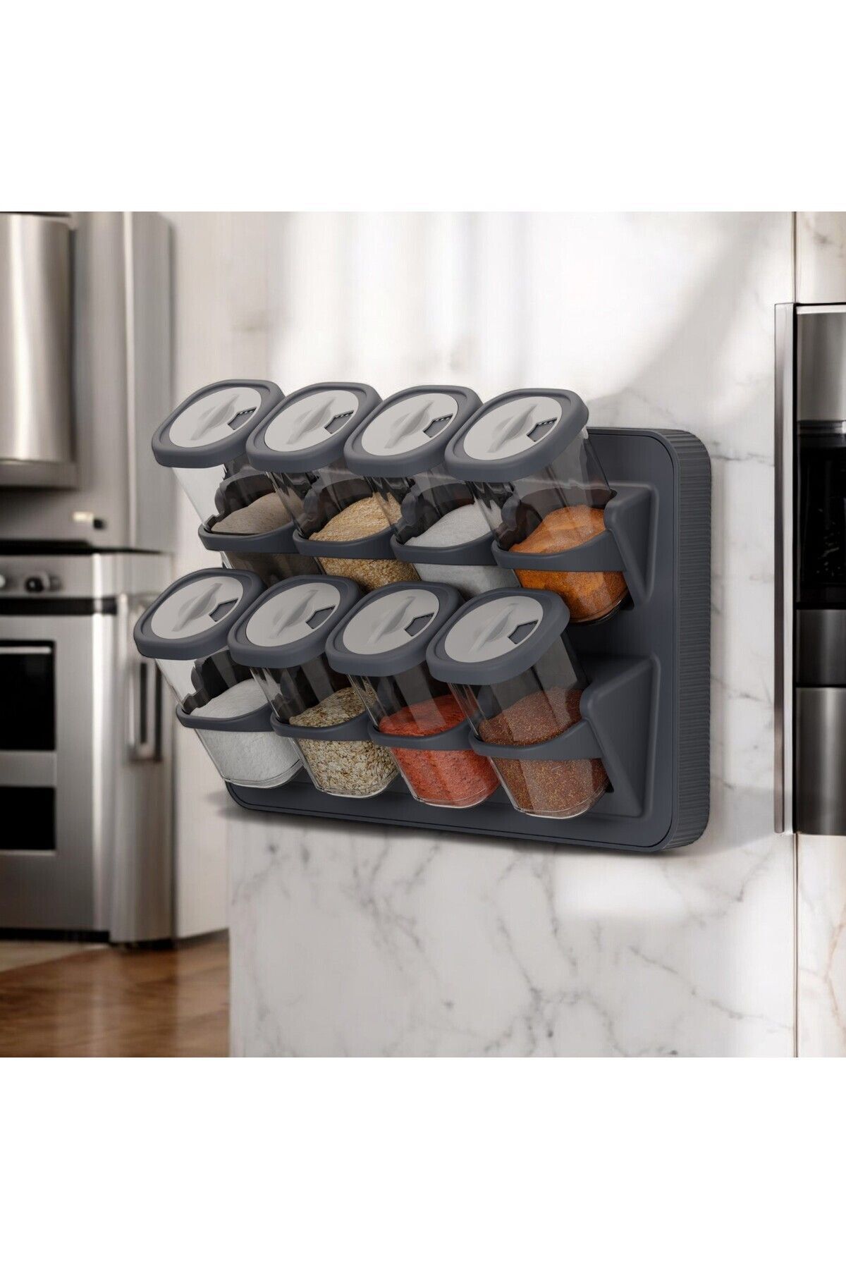 FERAH PLASTİK-8-Piece Spice Rack Set - Rotating Lid, Stand, Wall Mounted, Rotating Lid 7