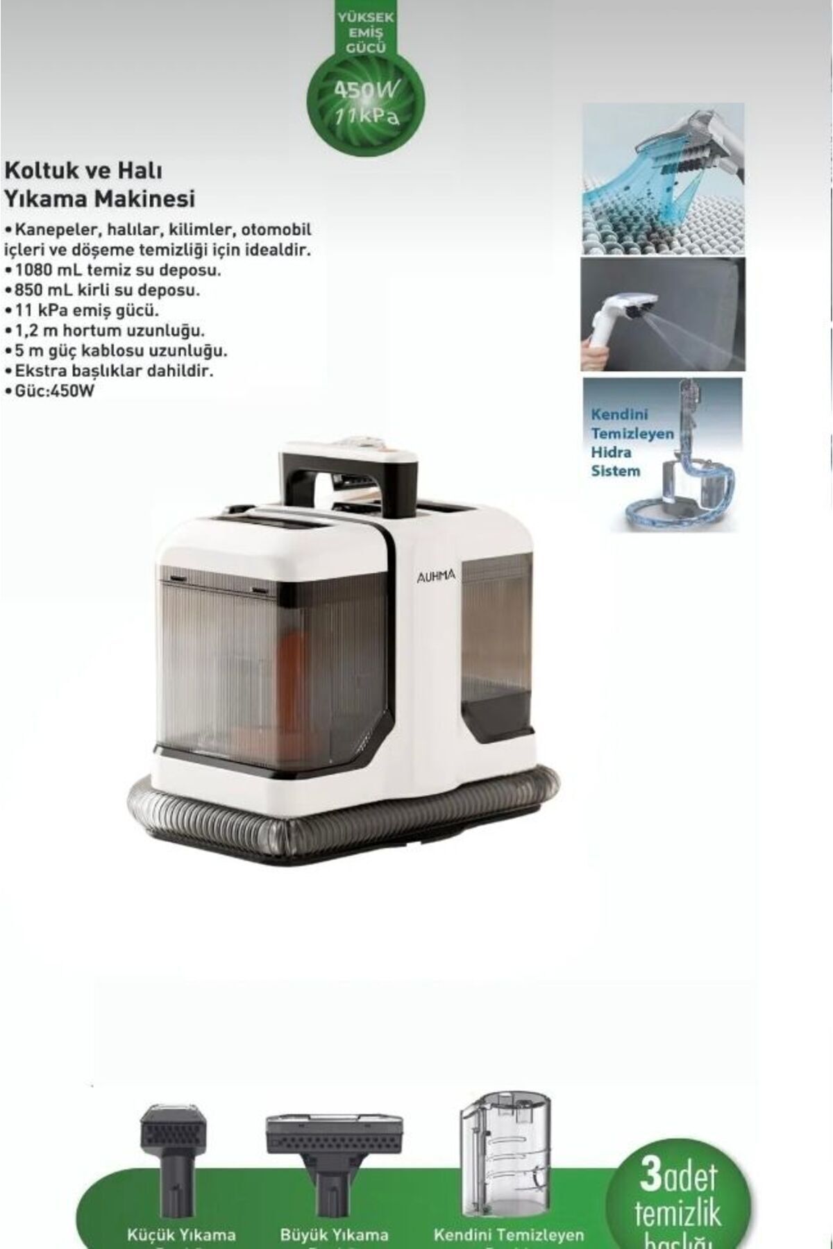 TUROVE Halı Ve Koltuk Yıkama Makinesi Araç Içi Leke Çıkarıcı 1080 Temiz 850 Kirli Su Tank 450w