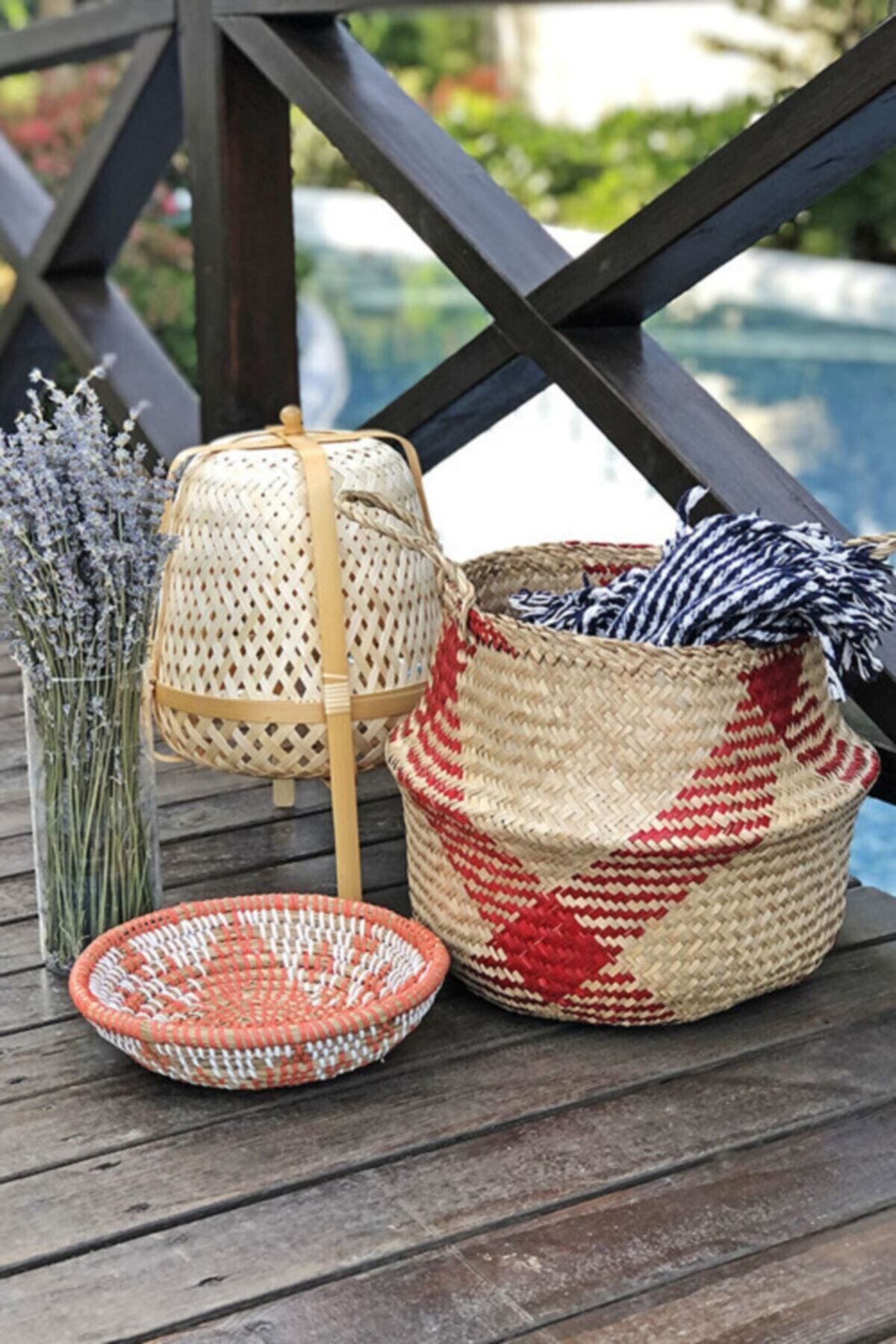 did homeware-Sumer Multi-Purpose Handmade Natural Knitted Red Plaid Large Wicker Basket 2