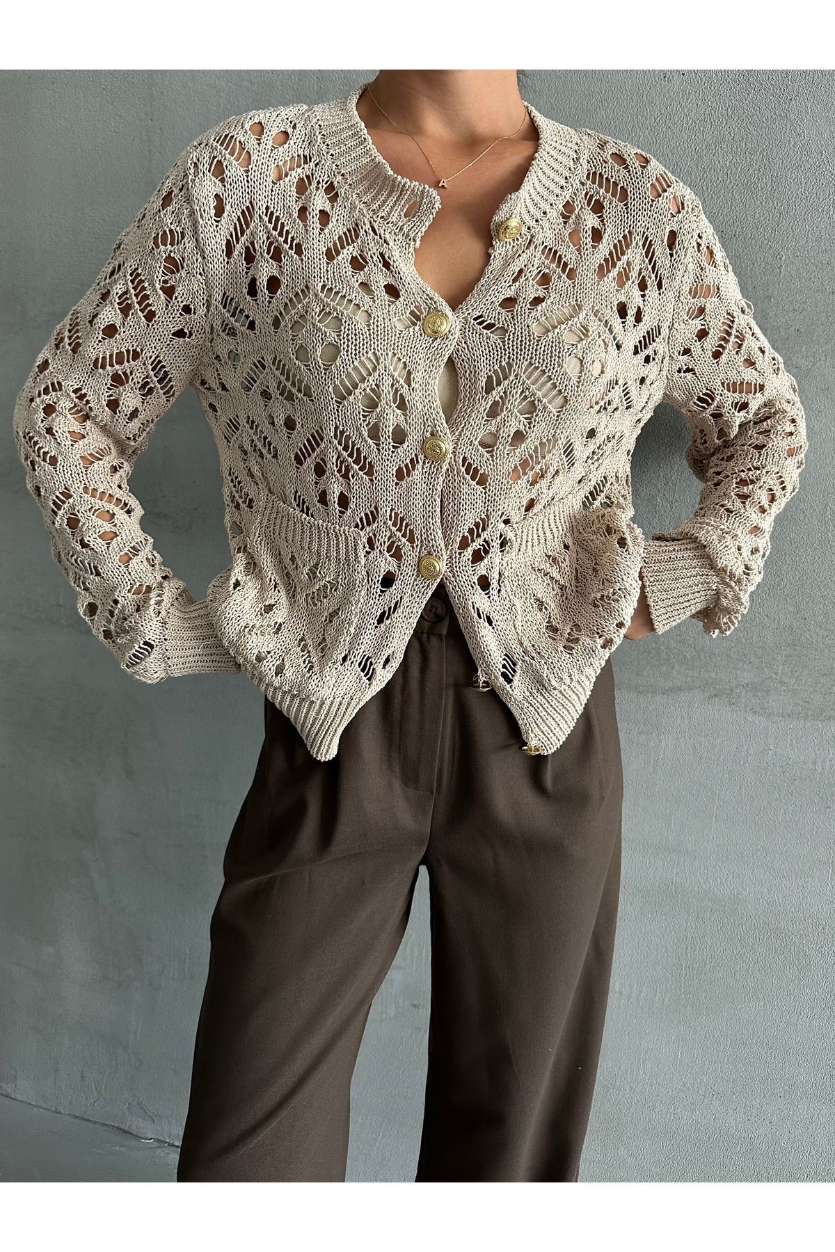 Laluvia-Stone Lace Look Knitted Cardigan-4401 7
