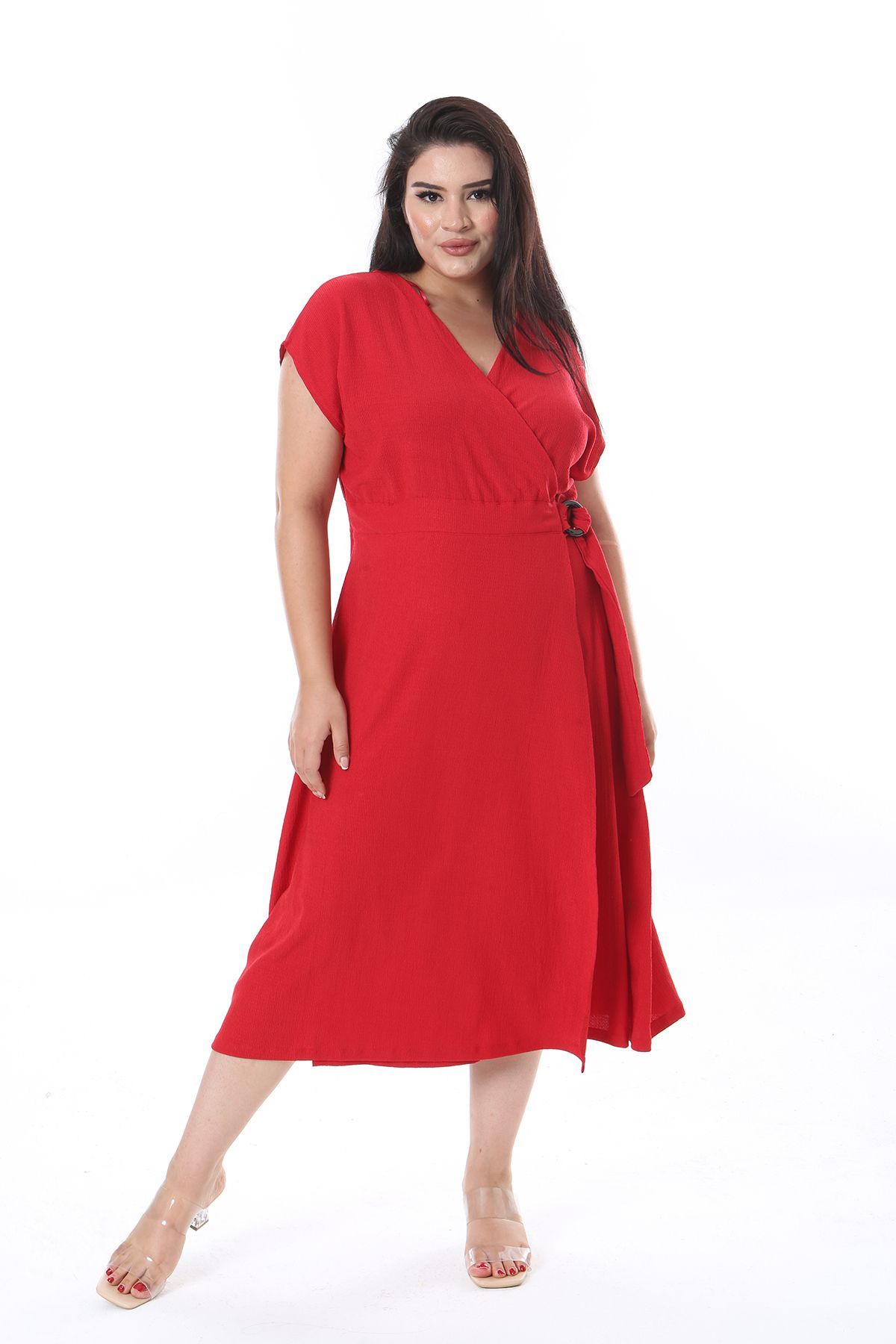 Şans-Red Wrap Plus Size Buckle Wrap Dress - 65N38314 5