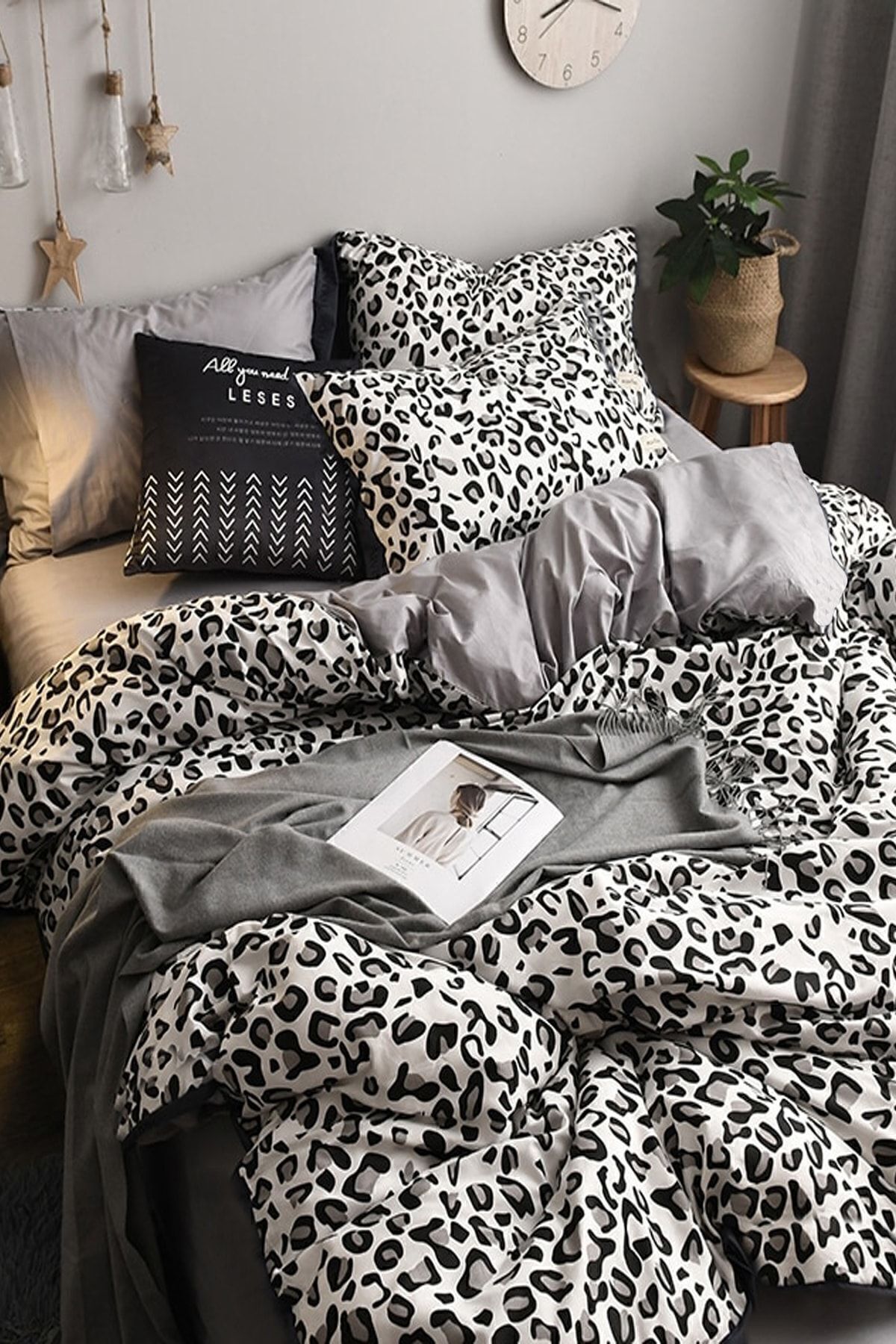 İQON-Spannbettlaken-Bettbezug-Set, Einzelbett, Leopardenmuster, rein, Schwarz/Weiß 2