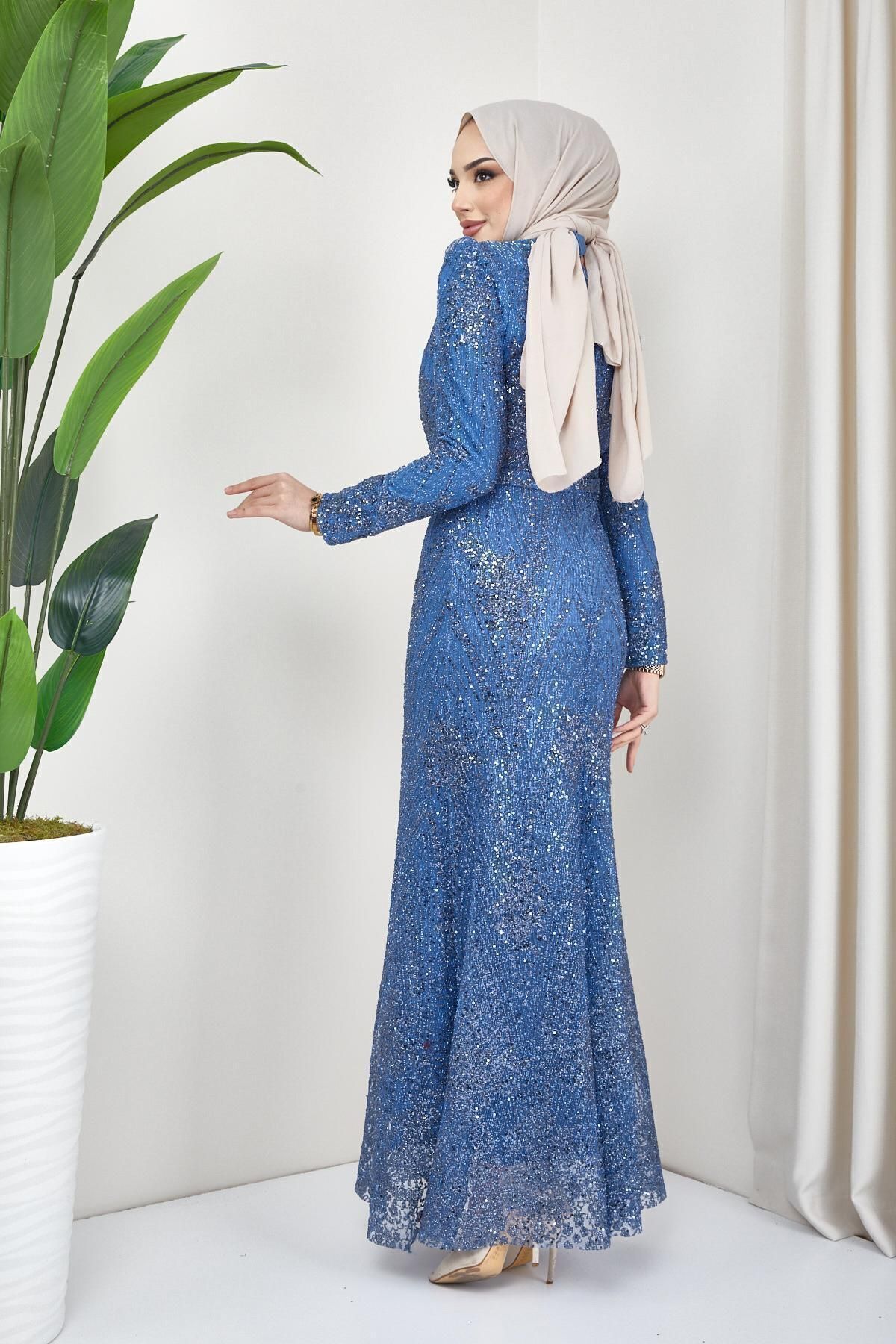 Olcay Glitter and Sequin Pea Hijab Evening Dress Petrol 1644 Trendyol