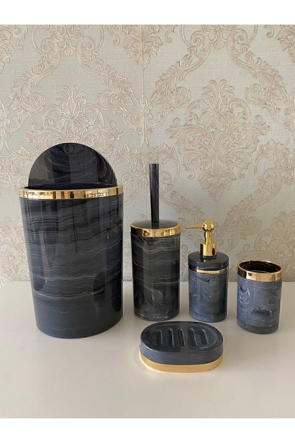 Trend Banyo Mutfak-طقم حمام مكون من 5 قطع بنمط رخامي / حامل فرشاة المرحاض، موزع الصابون الصلب السائل، سلة المهملات، حامل فرشاة الأسنان 2