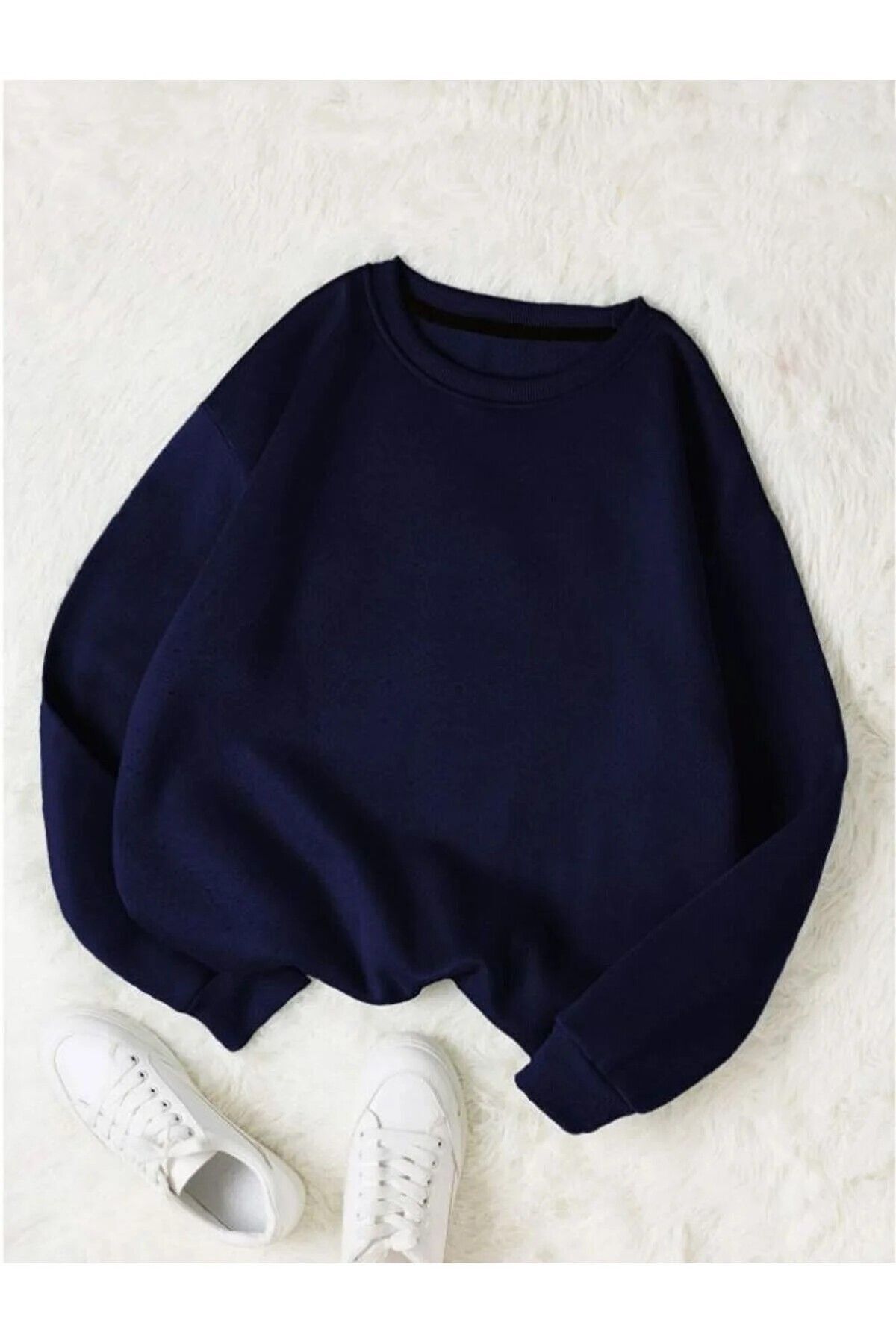 sweatshirt unisexe en coton surdimensionné à col ras du cou uni bleu marine