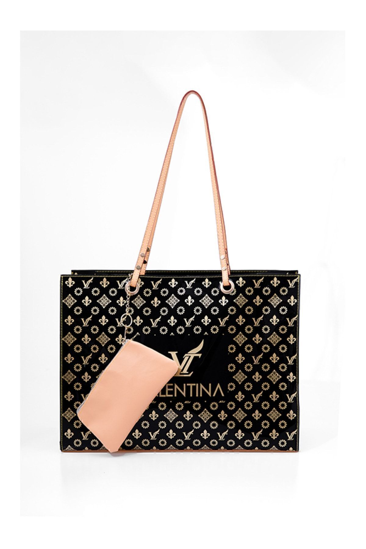 louis valentina Plaj Çantası Kadın Siyah Şeffaf Suni Deri Saplı Içcepli Beach Bag El Çantası görsel 8