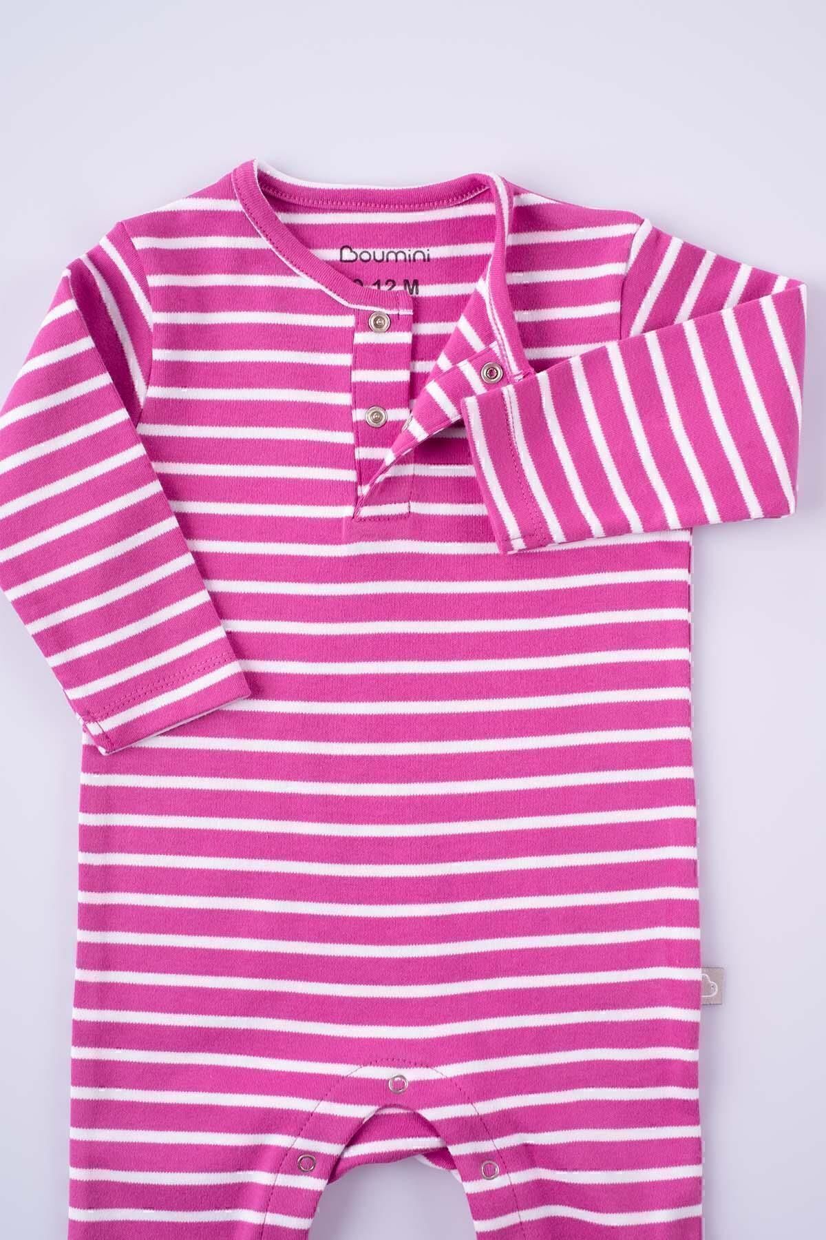 Boumini Bebek Uzun Kollu Çıtçıtlı Tulum Çizgili Fuşya fotoğrafı 4 (önizleme)