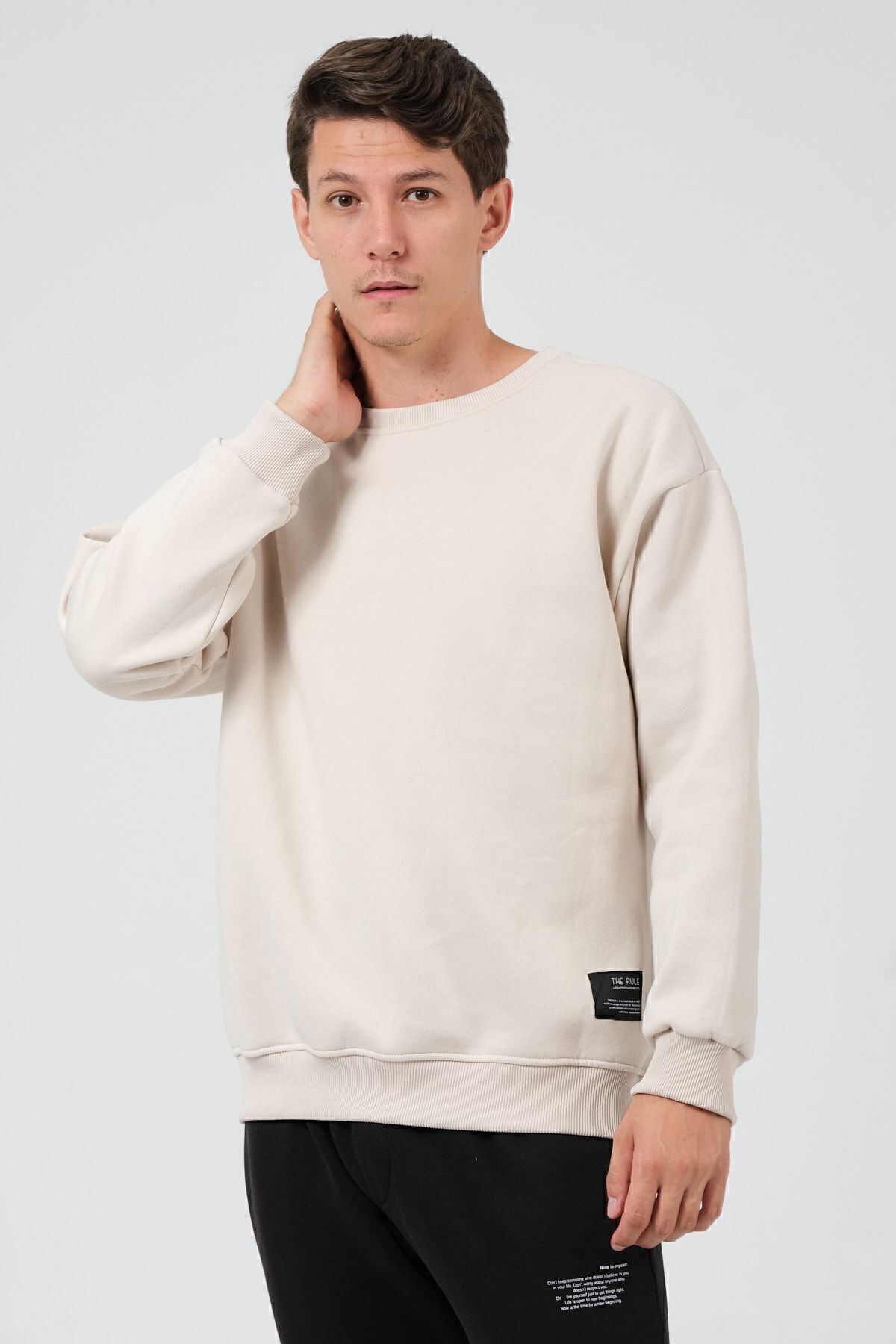 THE RULE-Ανδρικό μπλουζάκι μπεζ Oversize Fit Crew Neck Basic με μαλακό φτερό 2