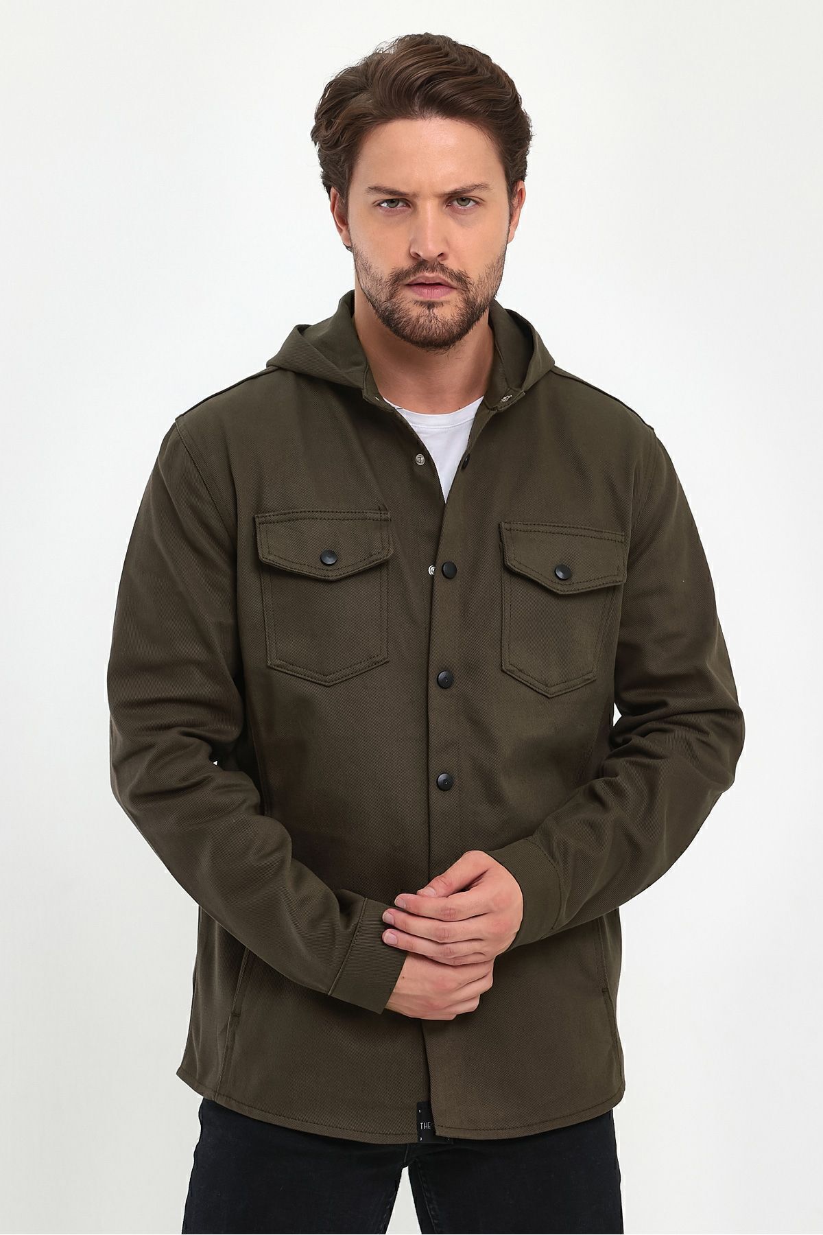 THE RULE-Men's Khaki Regular Fit Hooded Denim Jacket with Snap Button Detail 2