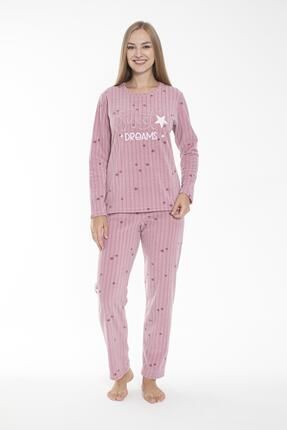 Estiva Kadın Kışlık Yıldız Desenli Fitilli Polar Pijama Takımı Pembe
