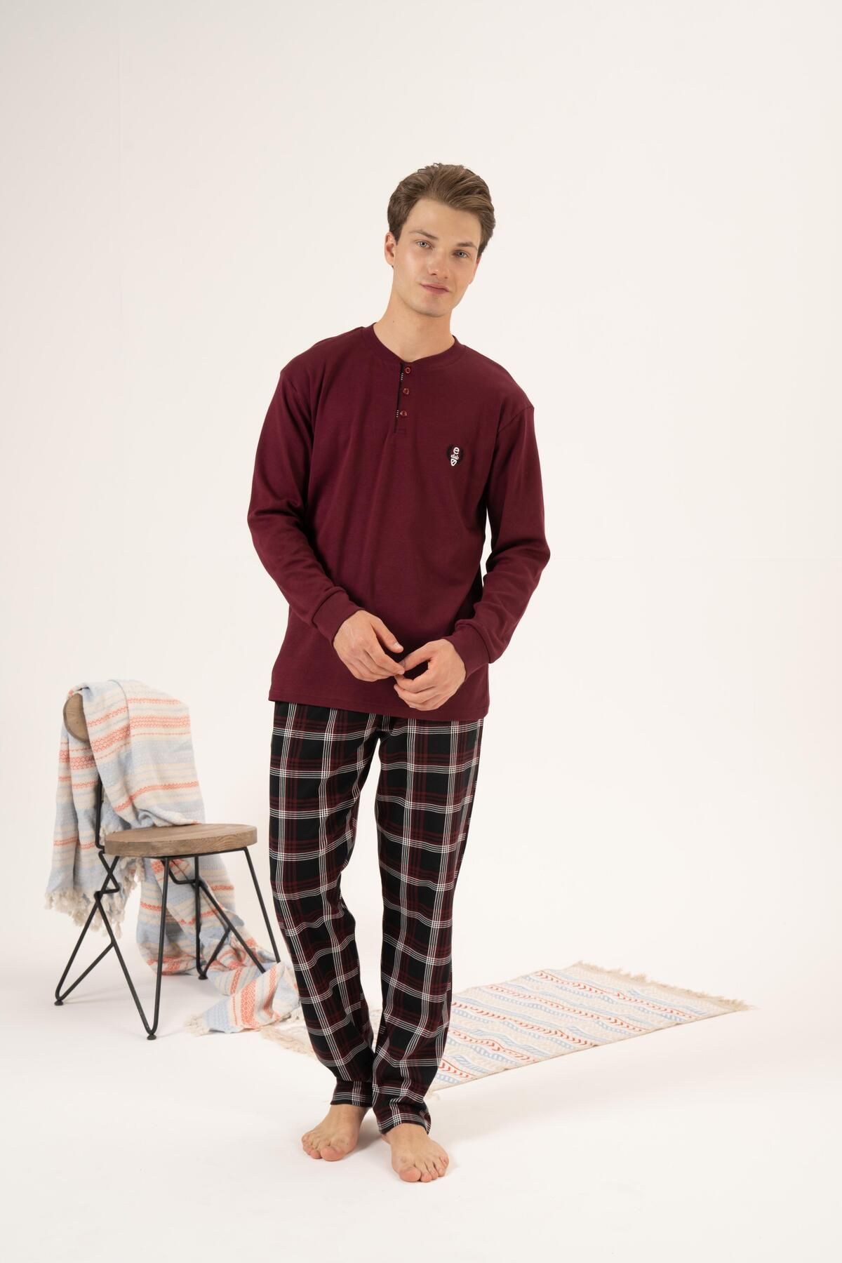 Estiva-Men's Winter Pajama Set - Buttoned Collar, Checkered Bottom, Super Soft Interlock, Claret Red 5