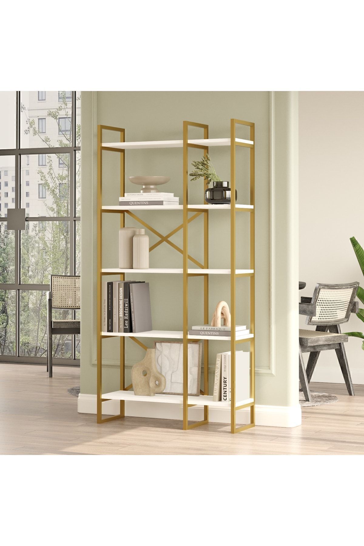 Yurudesign Voyage Gold Metal Kitaplık 5 Raflı 2 Bölme 175cm Beyaz Vg4-w