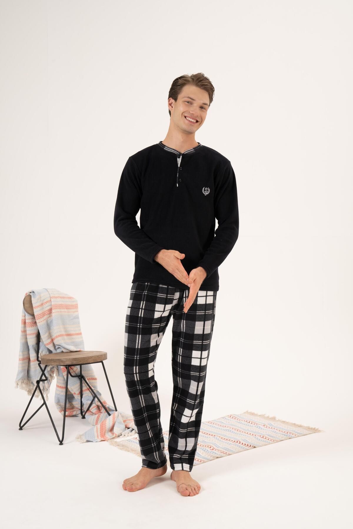 Estiva Erkek Kışlık Düğmeli Yaka Kareli Alt Polar Pijama Takımı