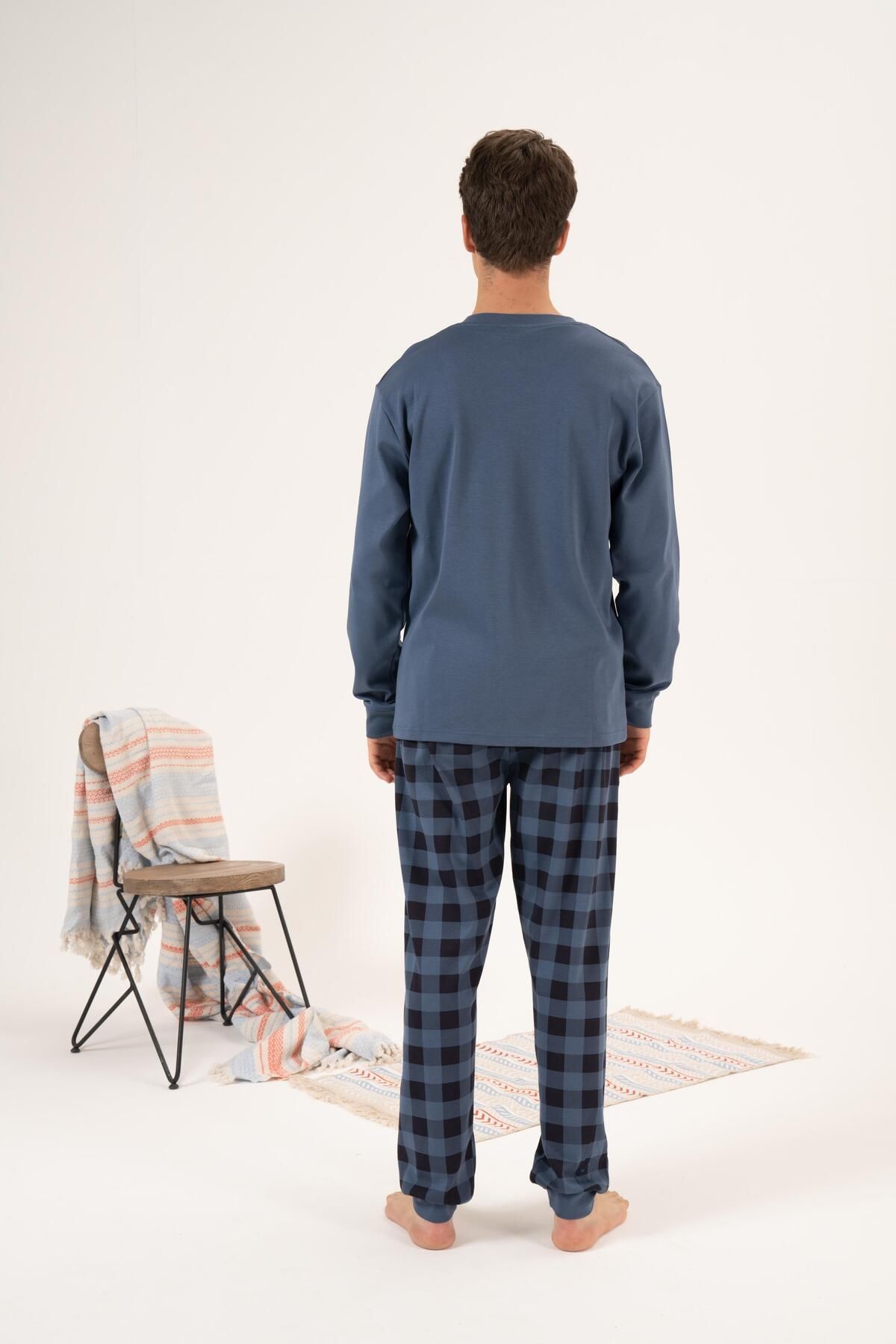 Estiva-Men's Winter Indigo Pajama Set - Button Collar, Checkered Bottom, Super Soft Interlock 2