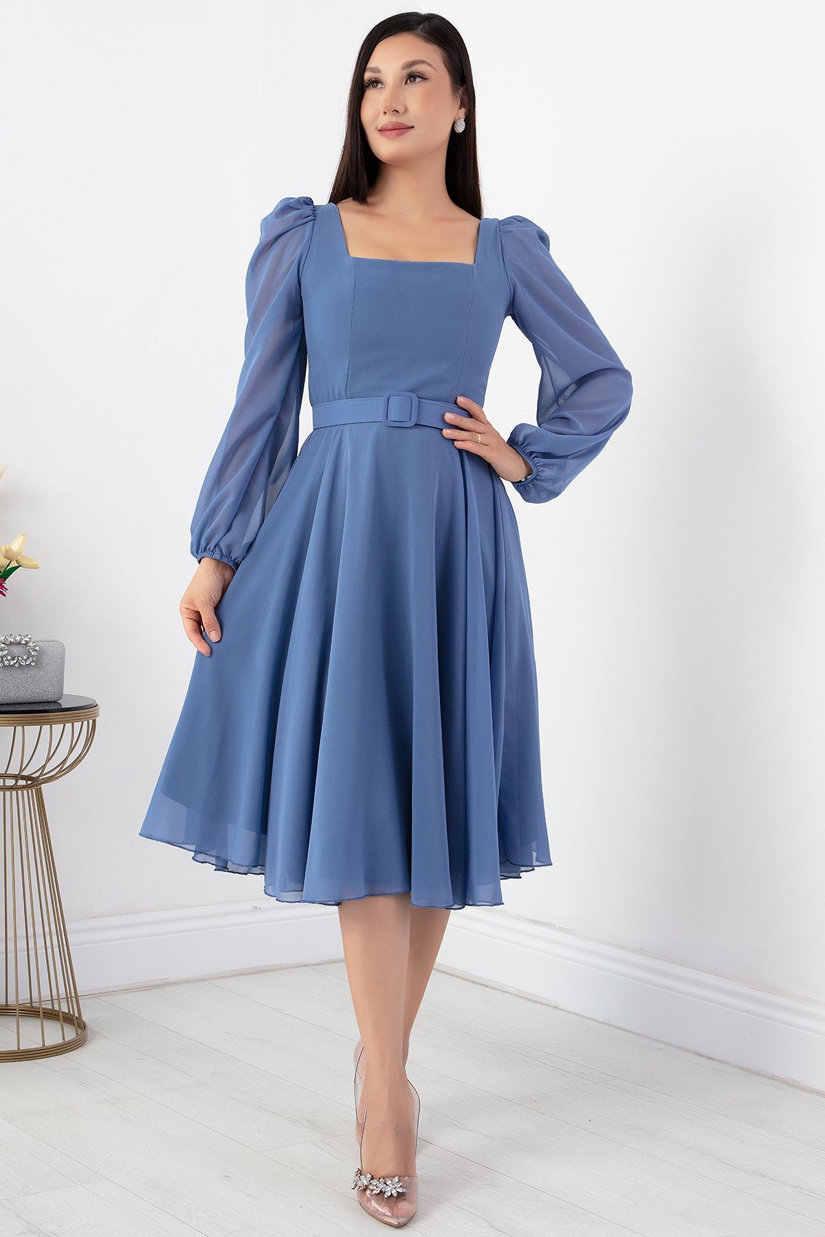 PULLIMM-Chiffon Dress - Square Collar, Dns1302 Model 4