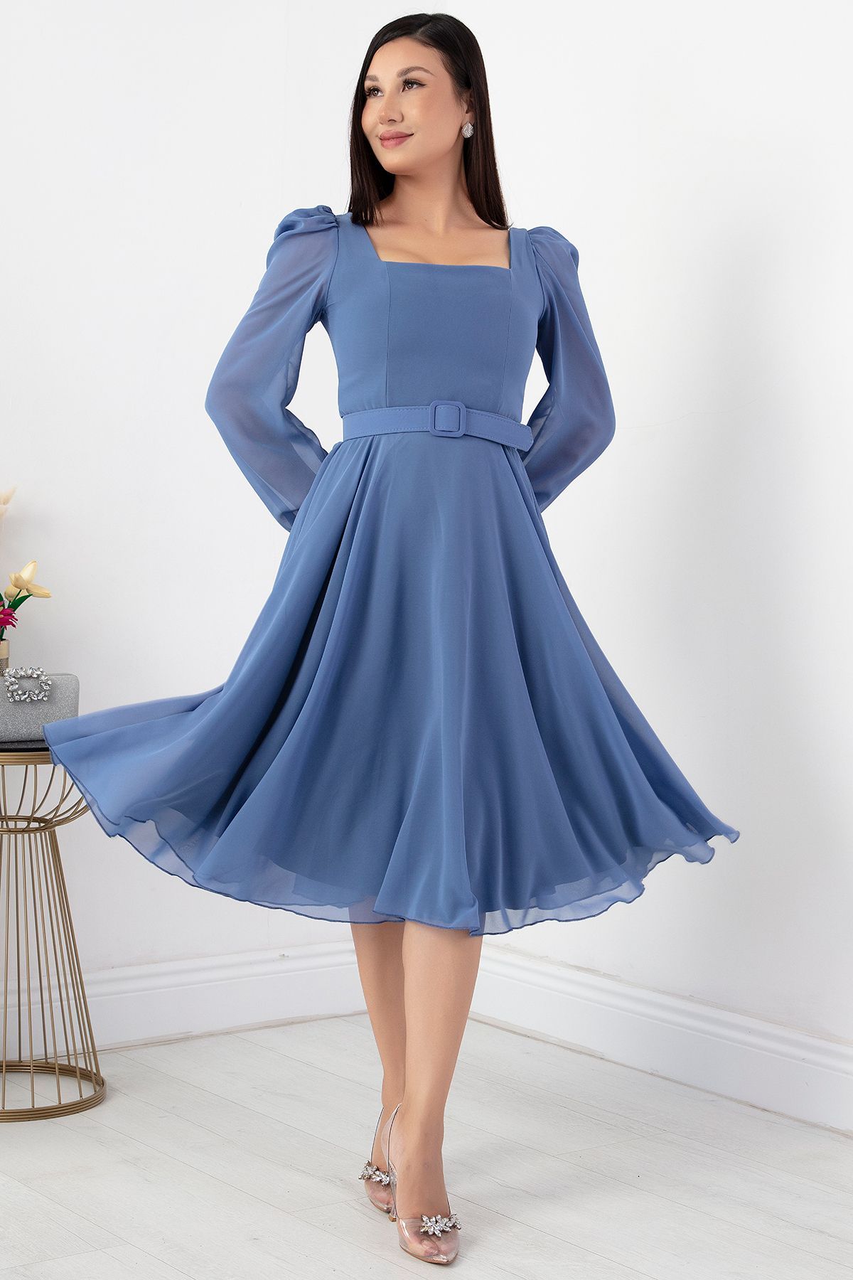 PULLIMM-Chiffon Dress - Square Collar, Dns1302 Model 6