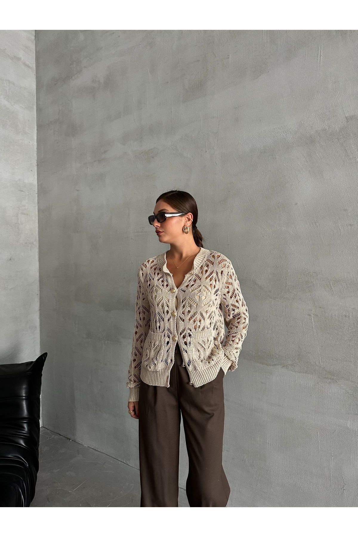 Laluvia-Stone Lace Look Knitted Cardigan-4401 4