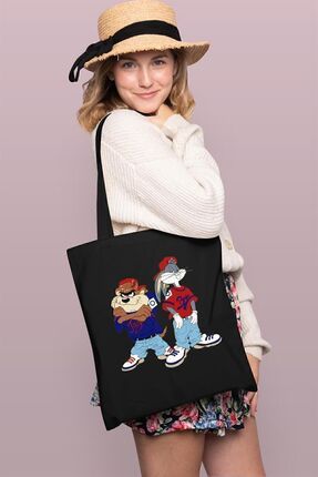 BRZ COLLECTION Bugs ve Tazmanga Baskılı Tote Bag Gabardin Çanta