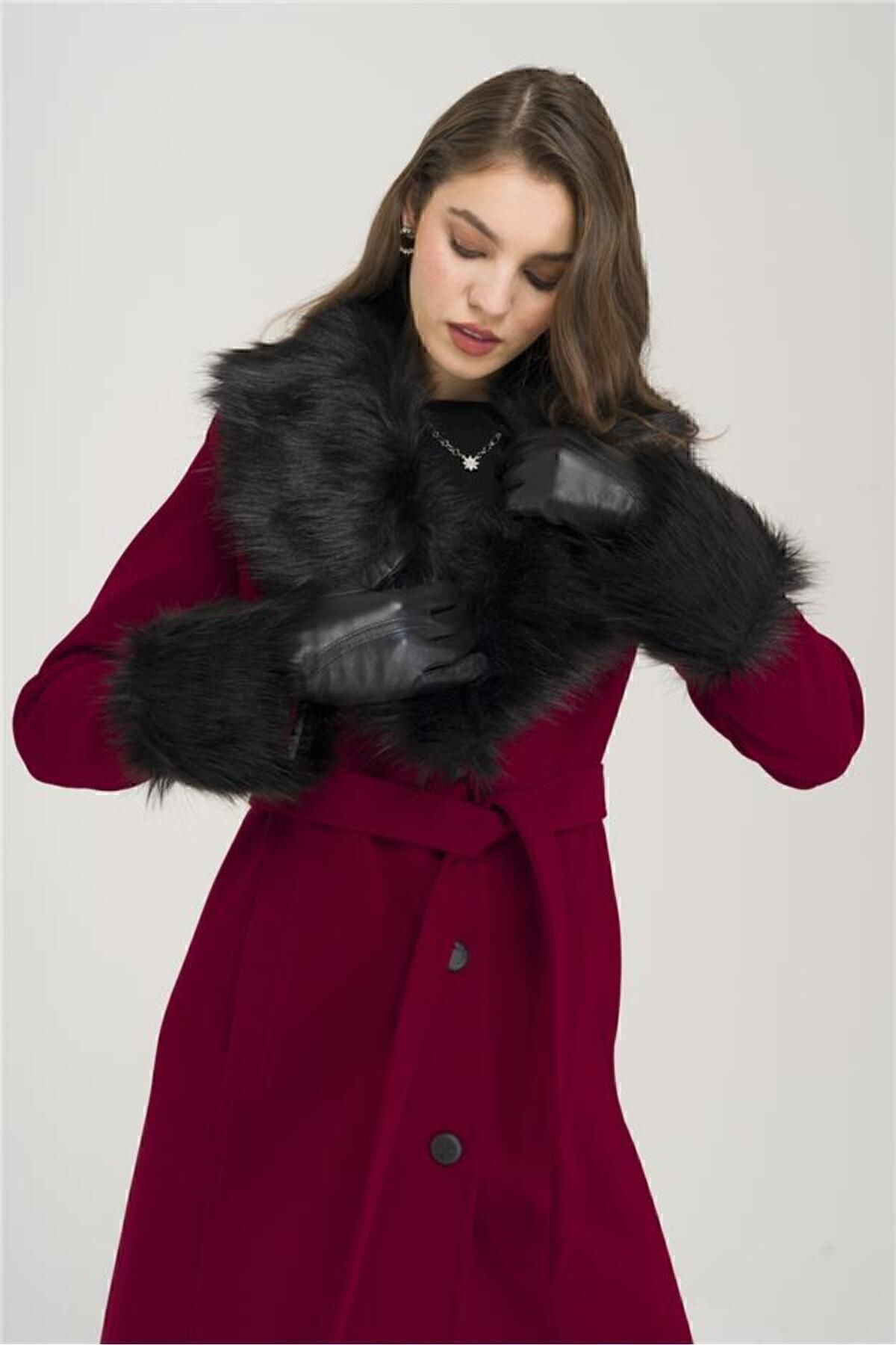 Olcay-Medium Length Coat with Removable Collar and Sleeves and Button Closure FES 3905 6
