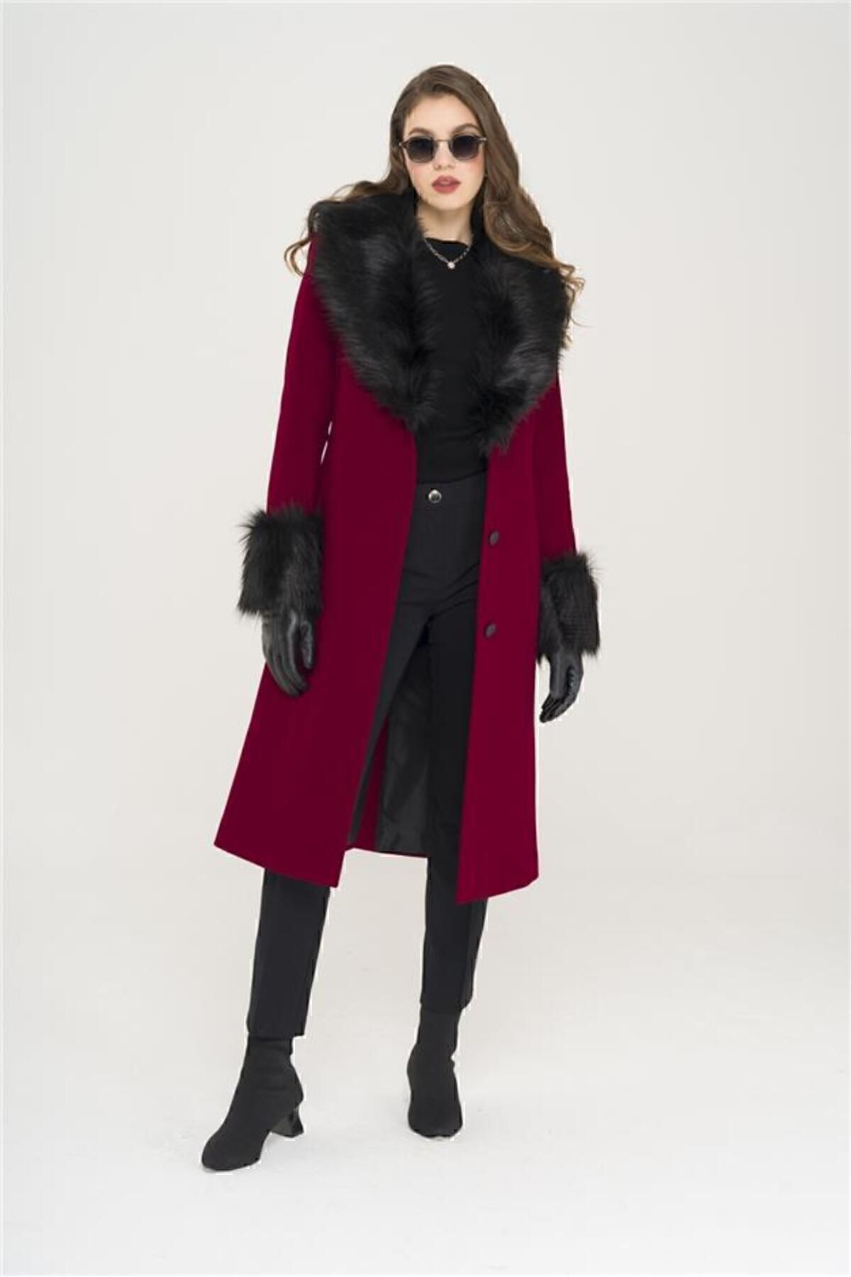 Olcay-Medium Length Coat with Removable Collar and Sleeves and Button Closure FES 3905 7