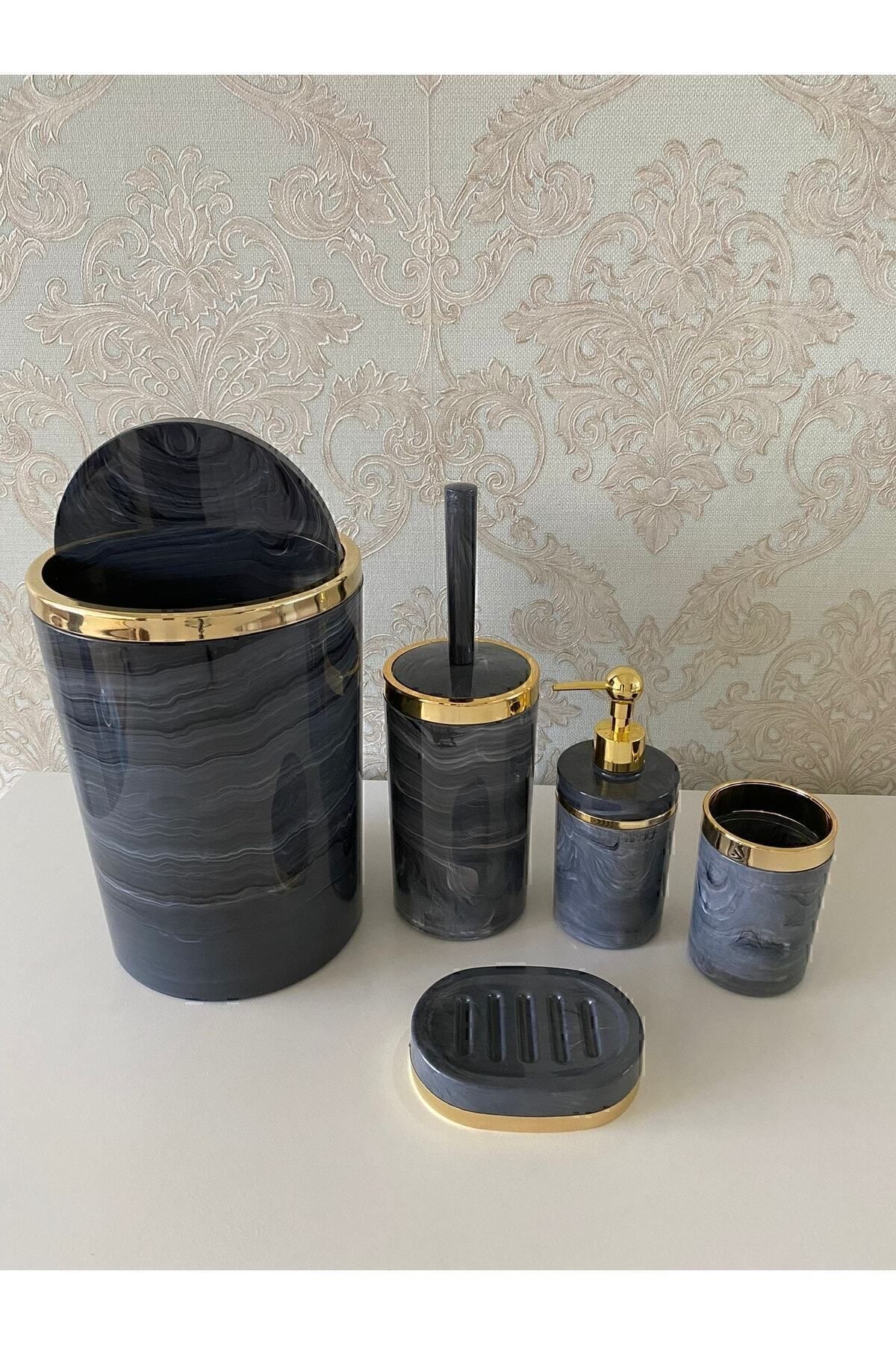 Trend Banyo Mutfak-طقم حمام مكون من 5 قطع بنمط رخامي / حامل فرشاة المرحاض، موزع الصابون الصلب السائل، سلة المهملات، حامل فرشاة الأسنان 4