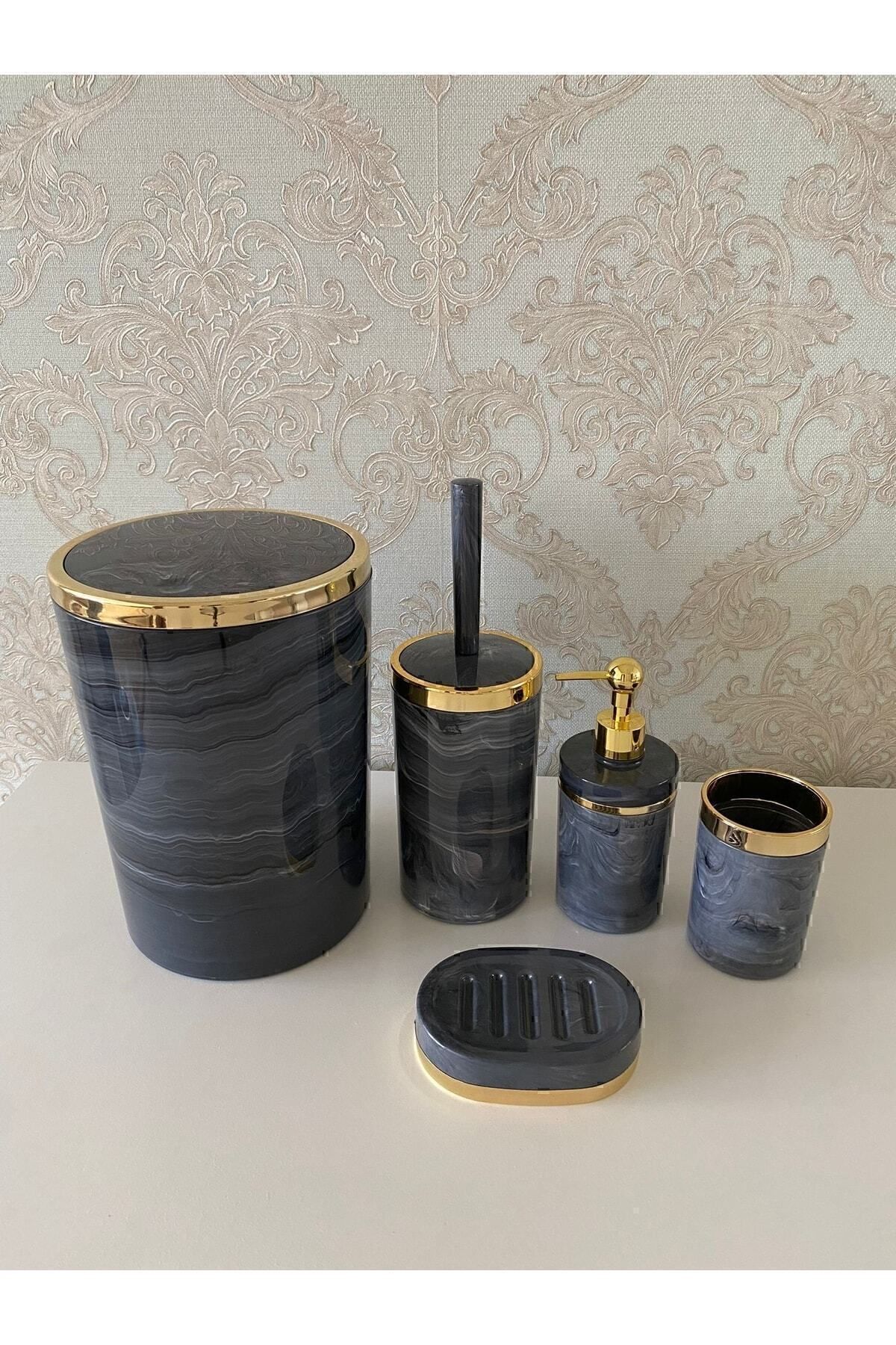 Trend Banyo Mutfak-طقم حمام مكون من 5 قطع بنمط رخامي / حامل فرشاة المرحاض، موزع الصابون الصلب السائل، سلة المهملات، حامل فرشاة الأسنان 3