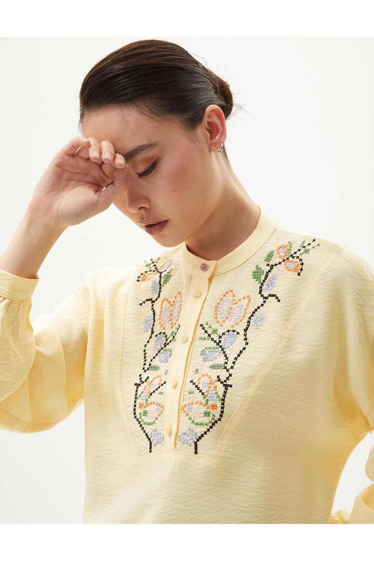 Kayra-Yellow Embroidered Half Placket Blouse 3