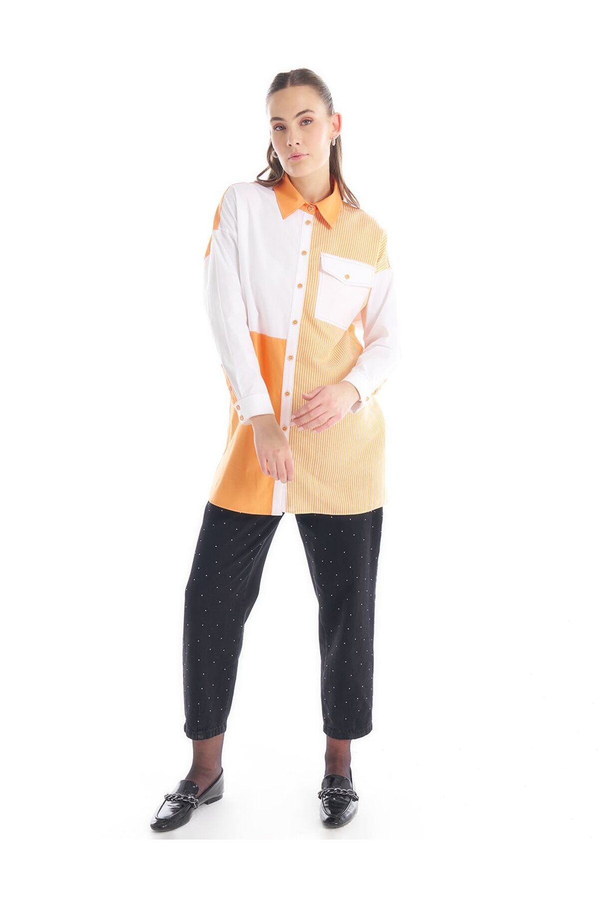 Kayra-Fabric Mixed Shirt Collar Tunic Orange 1