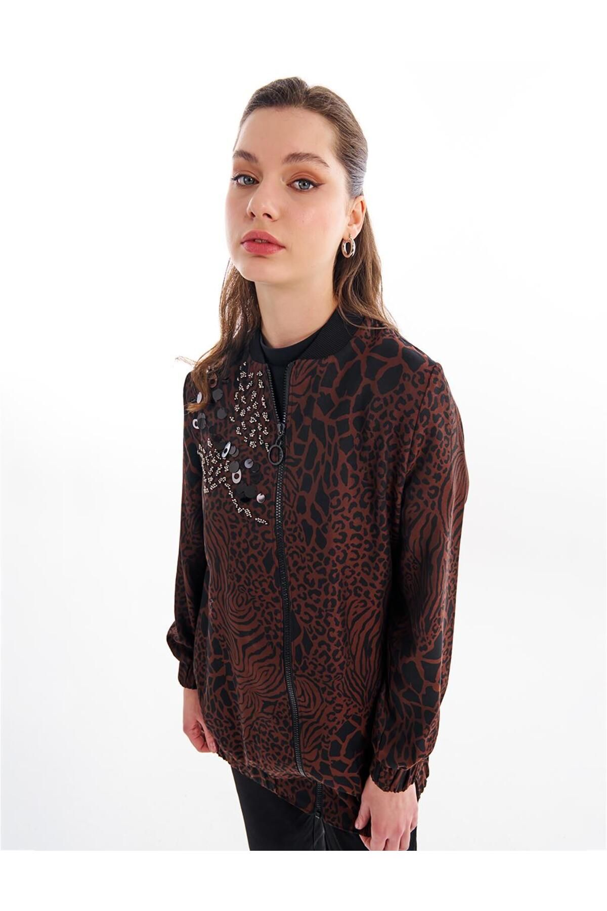 KYR-Jachetă cu fermoar cu model Animal Print Maro 5