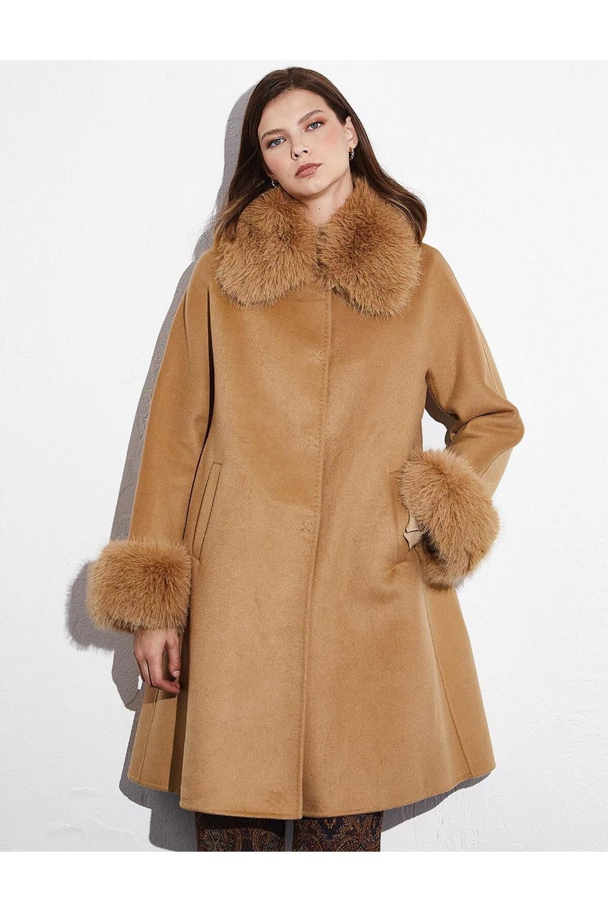 Kayra Palton Camel Premium - Detaliu Din Blană Femeie - 1