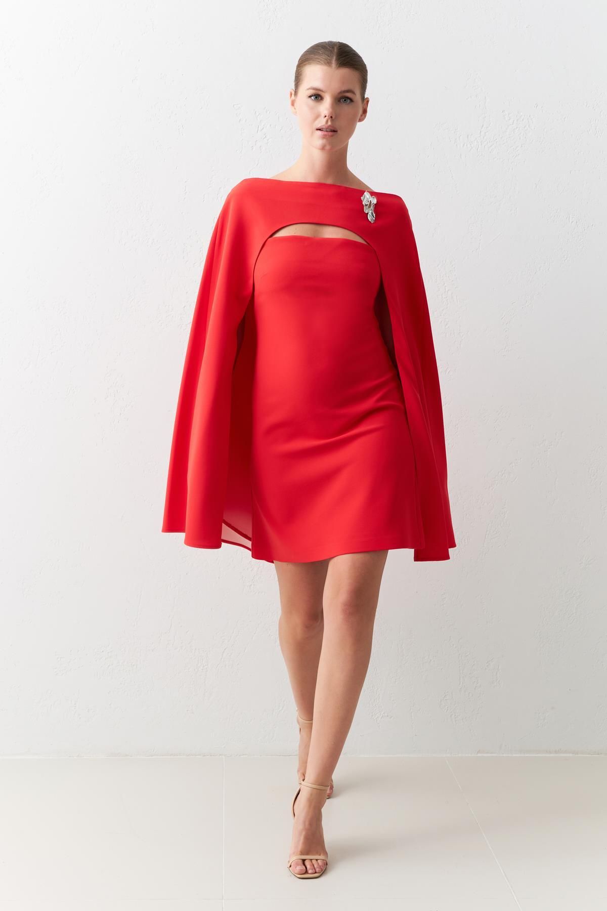 Setre-Red Mini Dress with Brooch Detail and Cloak - Waist Seated 5