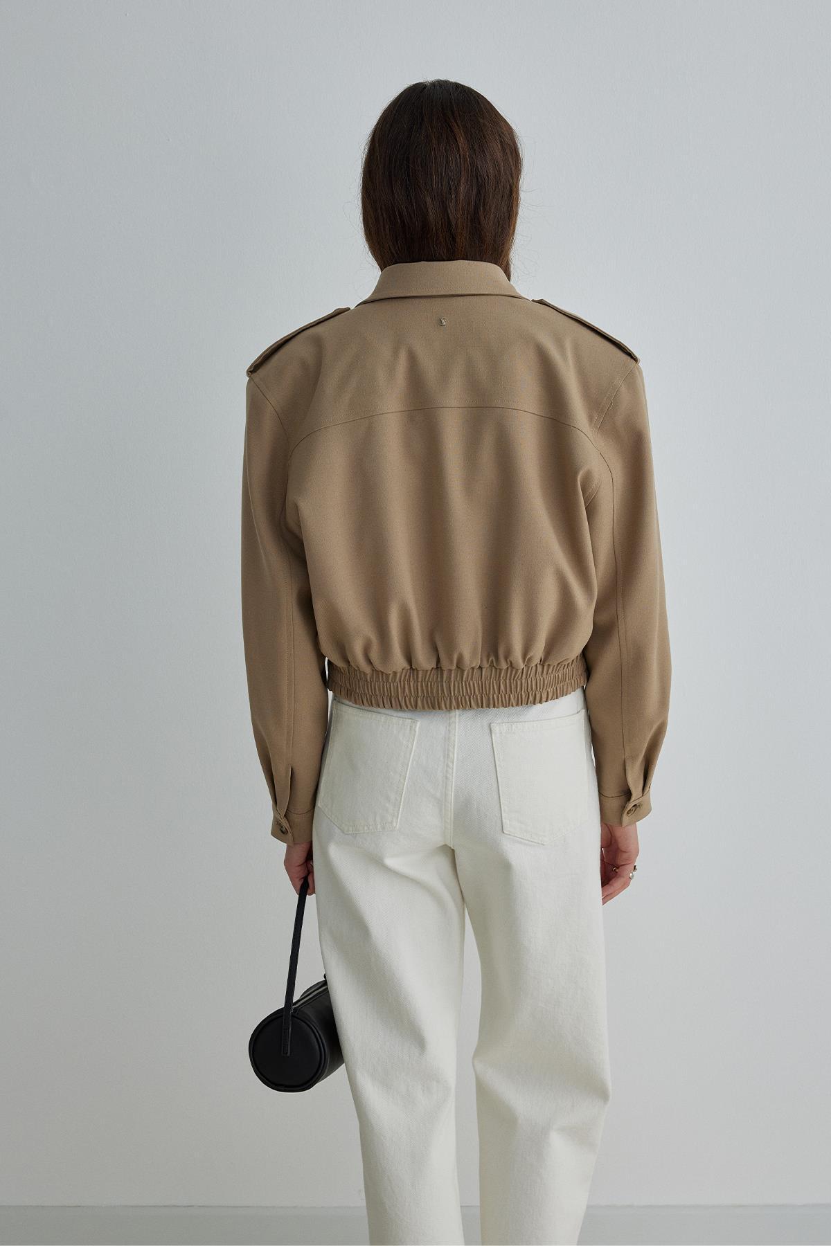 Suud Collection Camel Cooper Crop Bomber Ceket görsel 5