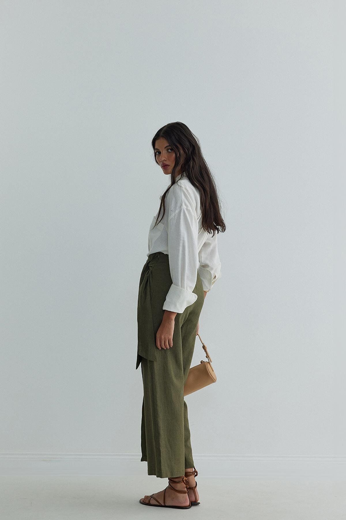 Suud Collection-Khaki plátenné zavinovacie nohavice - Alia Model 5