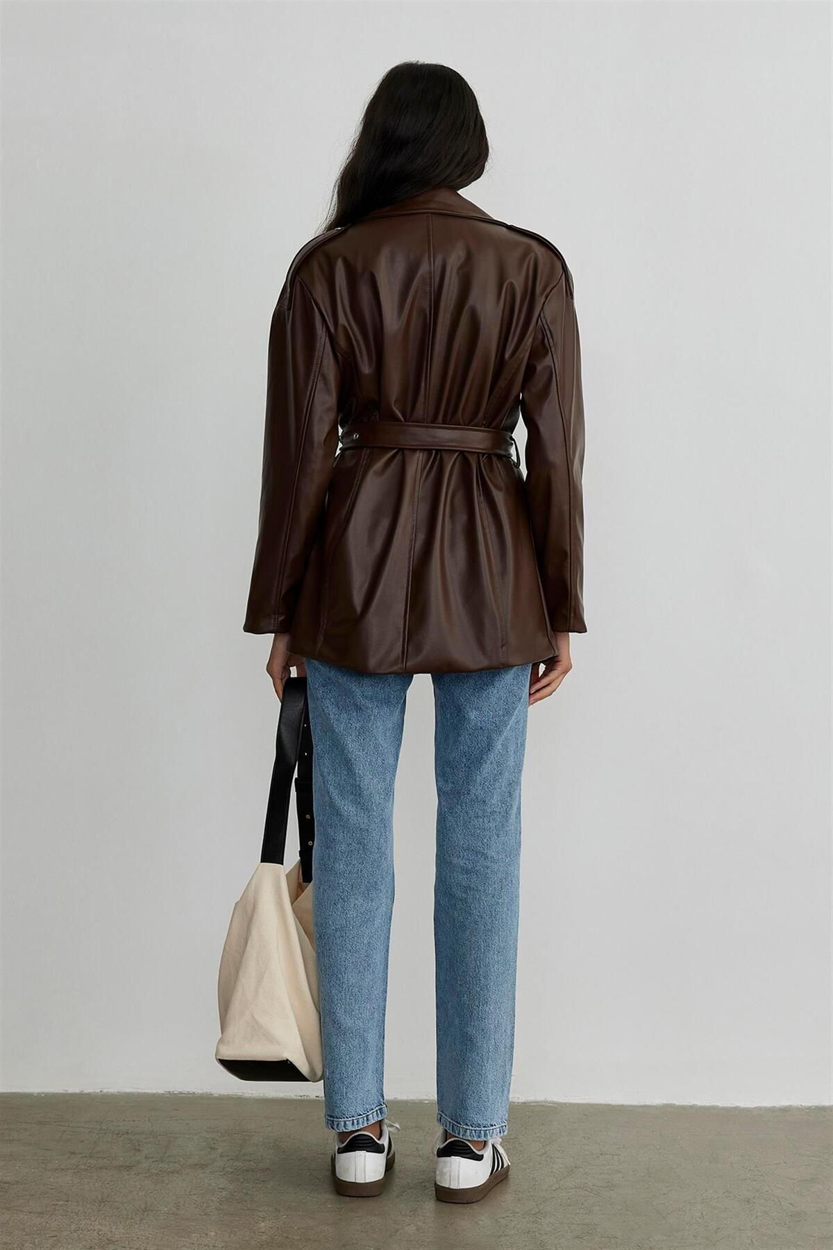 Suud Collection-Brown Leather Biker Trench Coat 7