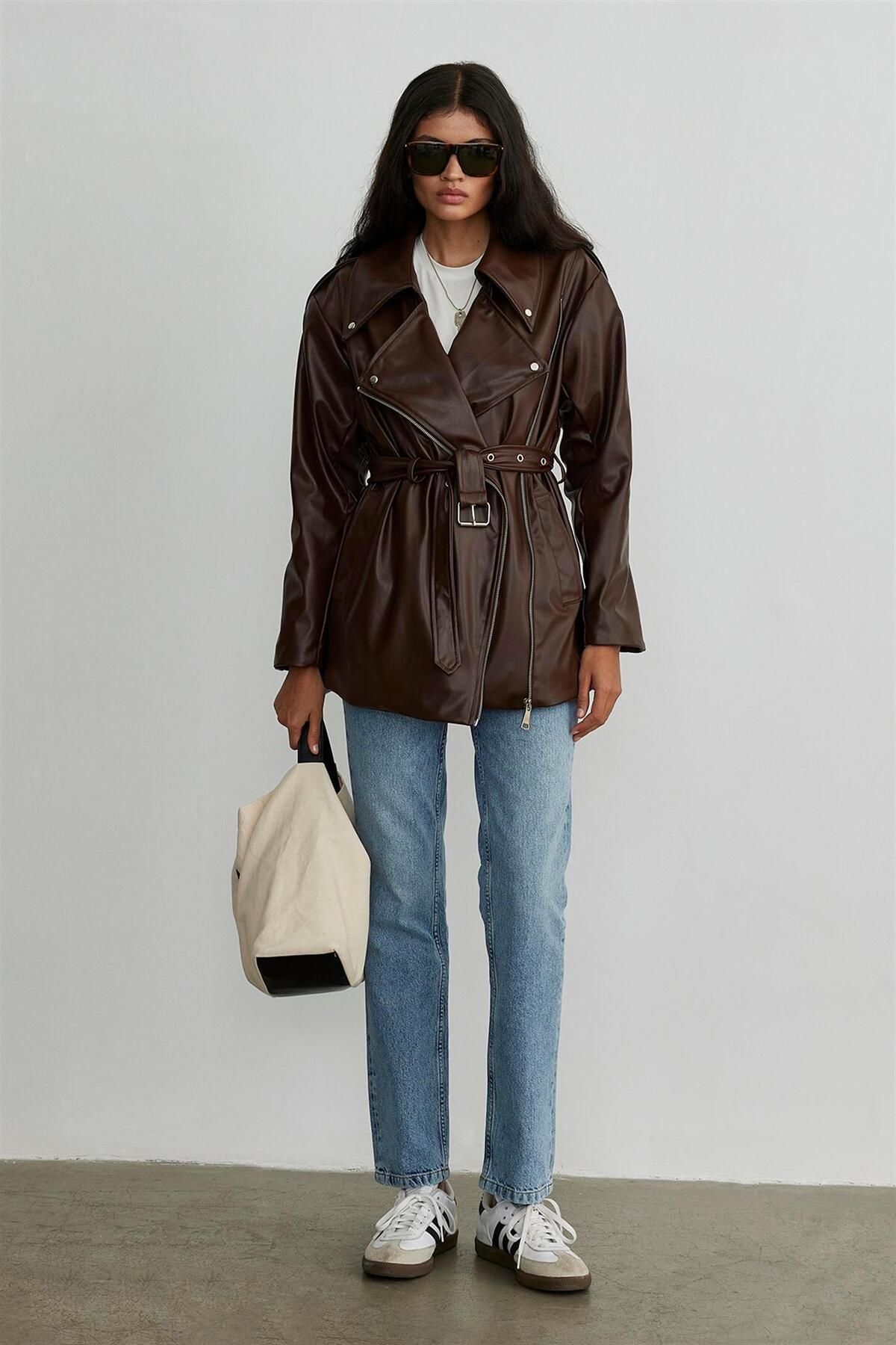 Suud Collection-Brown Leather Biker Trench Coat 6