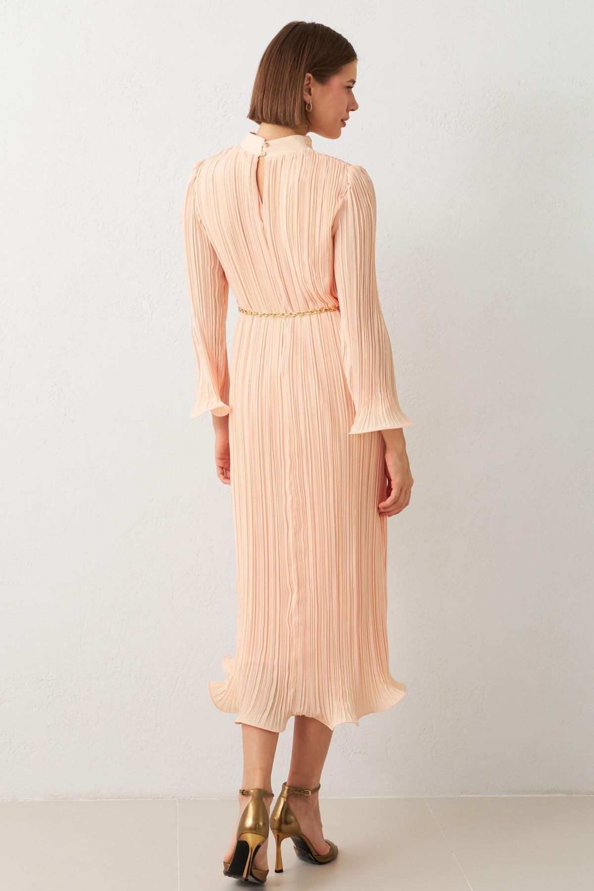 Setre-Light Salmon Turtleneck Waist Belt Detailed Midi Length Wide Fit Dress 6