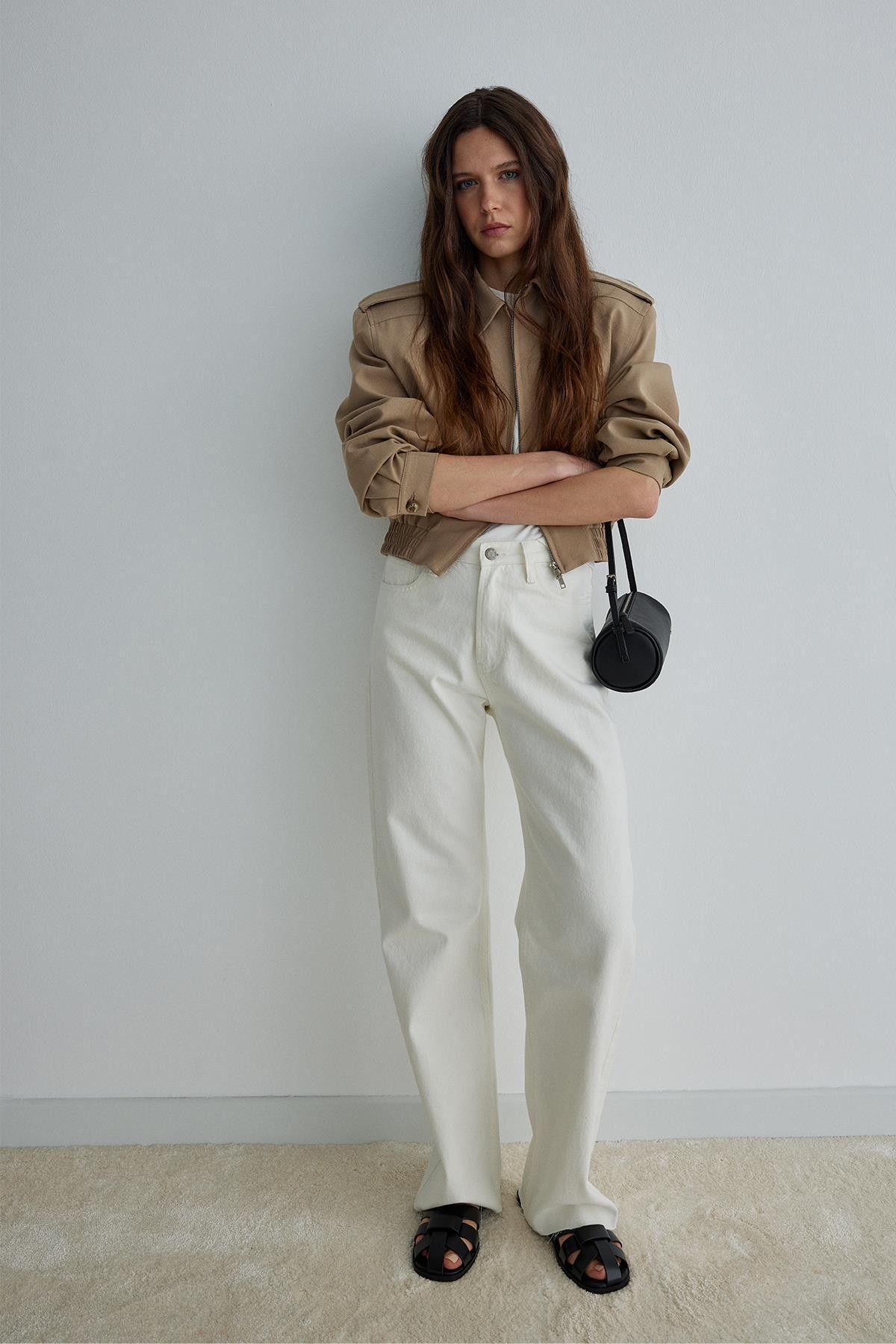 Suud Collection Camel Cooper Crop Bomber Ceket görsel 3