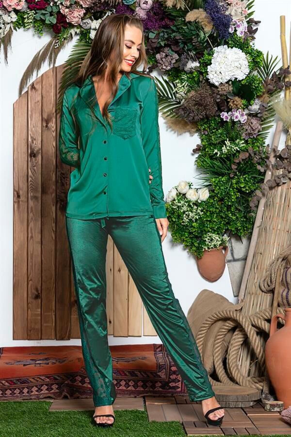 ASFSTORE 3 PARÇA GECELİK SETİ ; GÖMLEK, BRALET SÜTYEN VE PANTOLON TAKIM ZÜMRÜT (MGP31726)