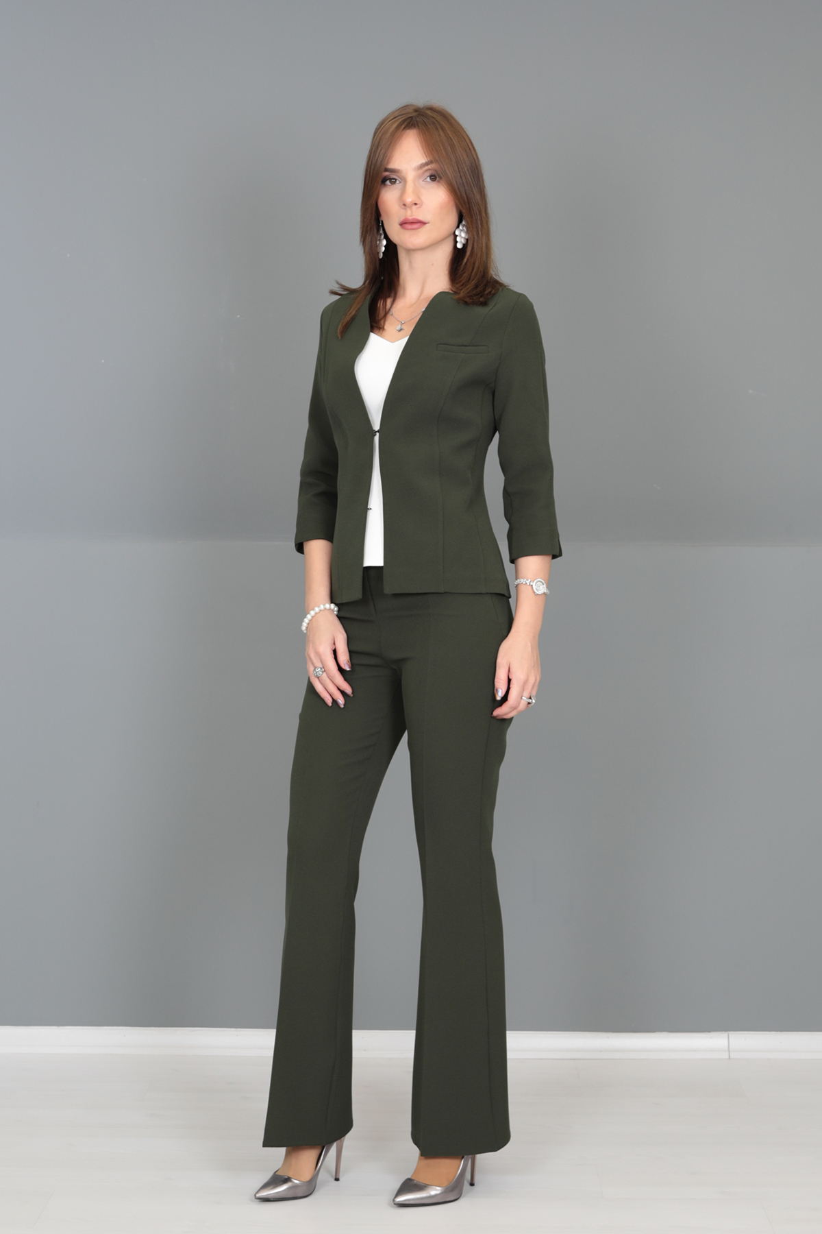 V-Neck Long Cuffed Short Jacket & Spanish Leg Trousers-Khaki
