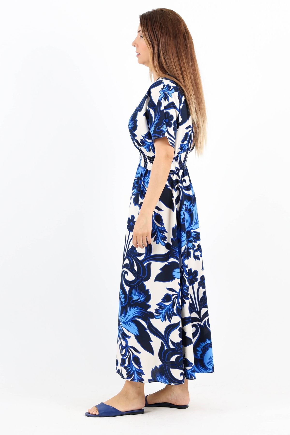 Ritnice-Rochie de damă din viscoză albastră și alba - elastic in talie Aren 4