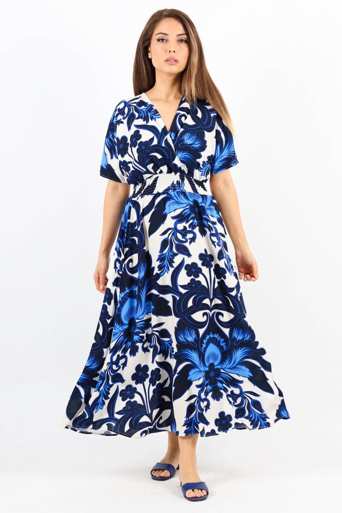 Ritnice-Rochie de damă din viscoză albastră și alba - elastic in talie Aren 5